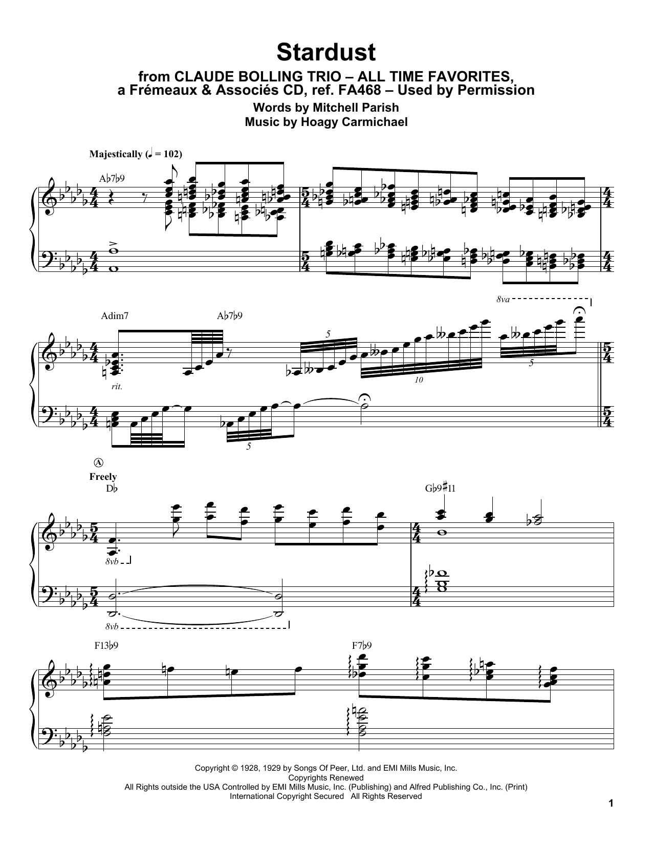 Download Claude Bolling Stardust Sheet Music and learn how to play Piano Transcription PDF digital score in minutes