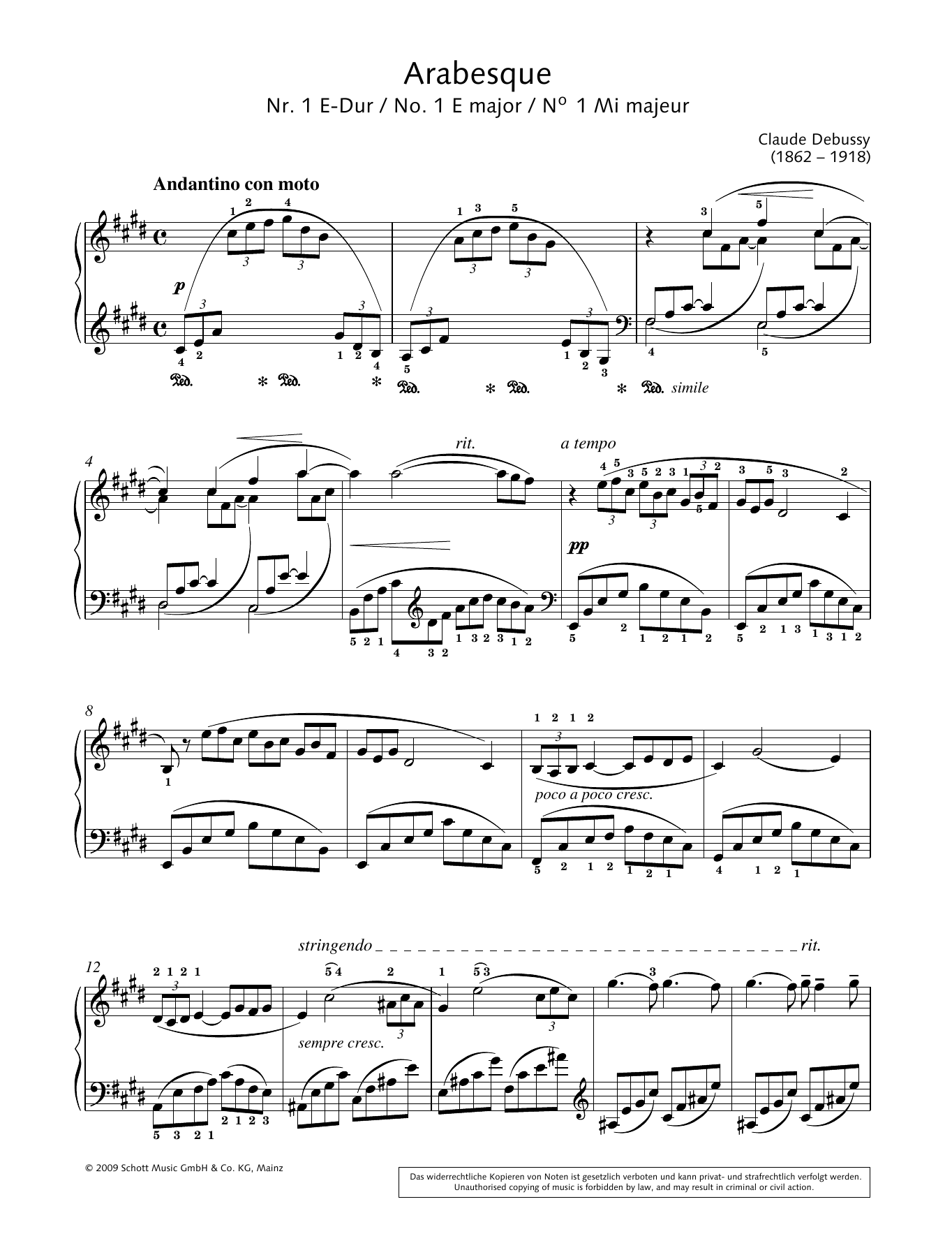 Download Claude Debussy Arabesque No.1 in E major Sheet Music and learn how to play Piano Solo PDF digital score in minutes