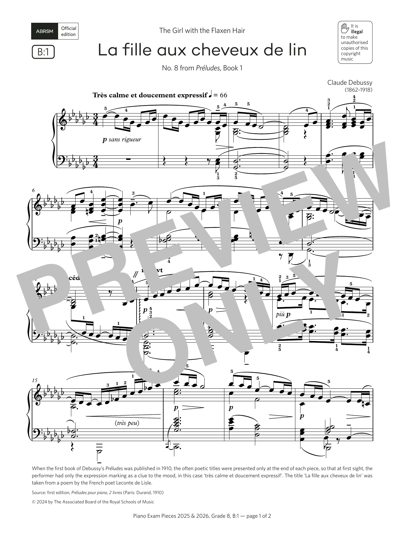 Download Claude Debussy La fille aux cheveux de lin (Grade 8, list B1, from the ABRSM Piano Syllabus 202 Sheet Music and learn how to play Piano Solo PDF digital score in minutes