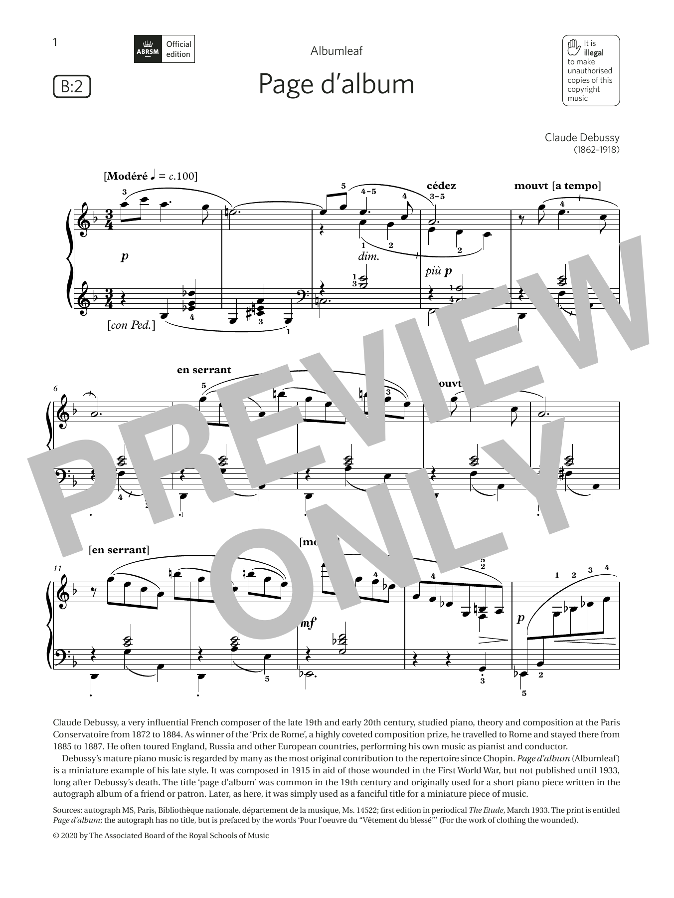 Download Claude Debussy Page d'album (Grade 6, list B2, from the ABRSM Piano Syllabus 2021 & 2022) Sheet Music and learn how to play Piano Solo PDF digital score in minutes