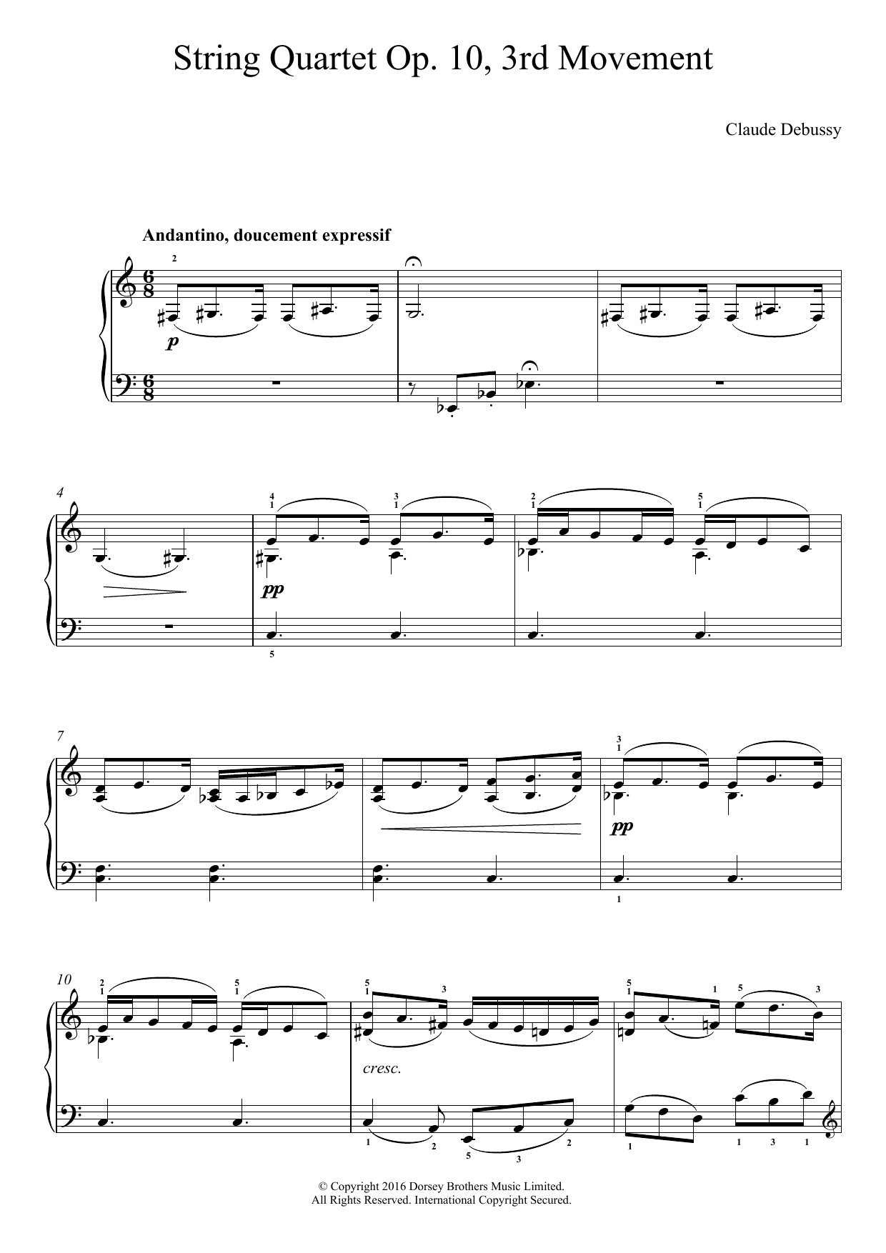 Download Claude Debussy String Quartet Op.10, 3rd Movement Sheet Music and learn how to play Easy Piano PDF digital score in minutes