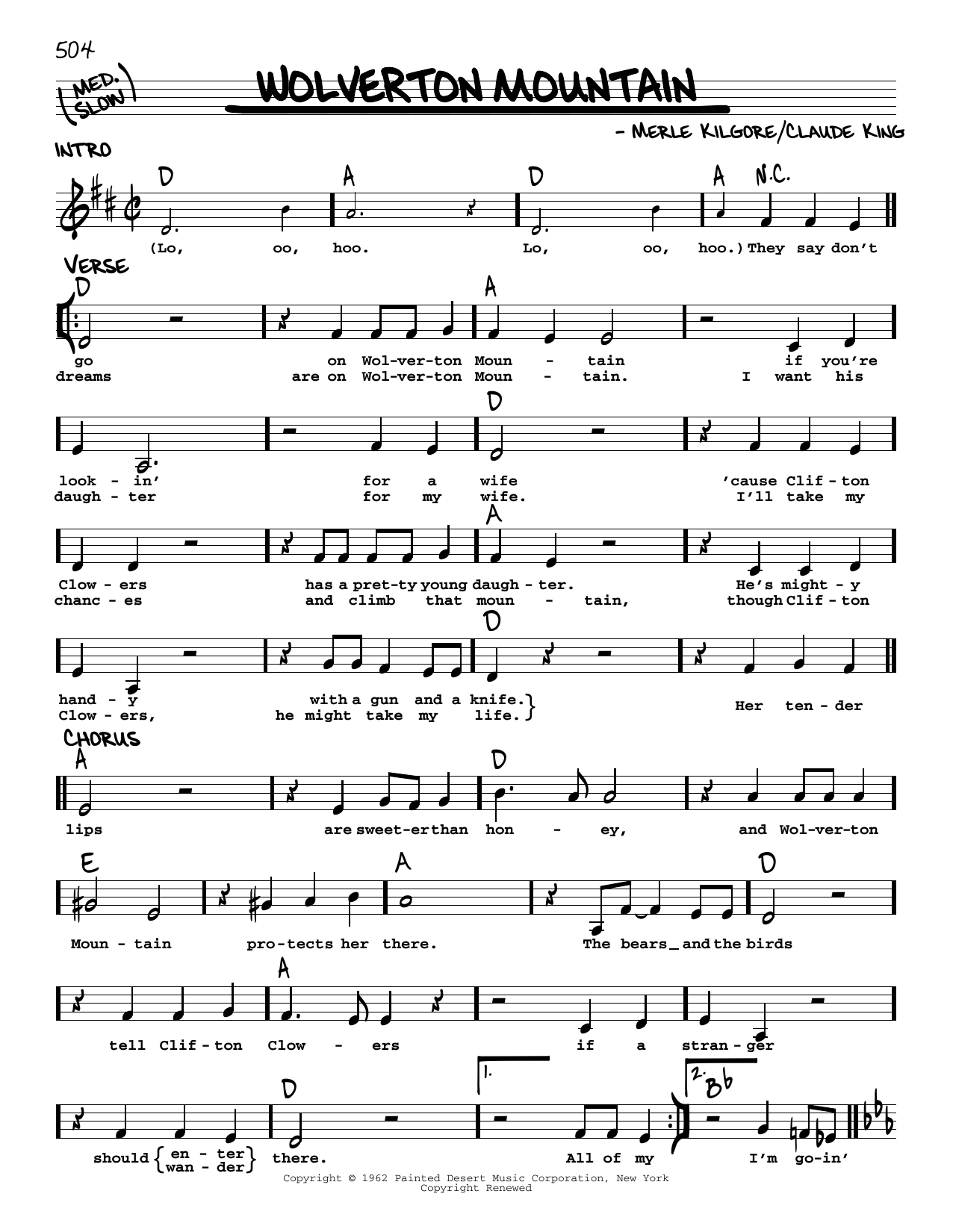 Download Claude King Wolverton Mountain Sheet Music and learn how to play Real Book – Melody, Lyrics & Chords PDF digital score in minutes