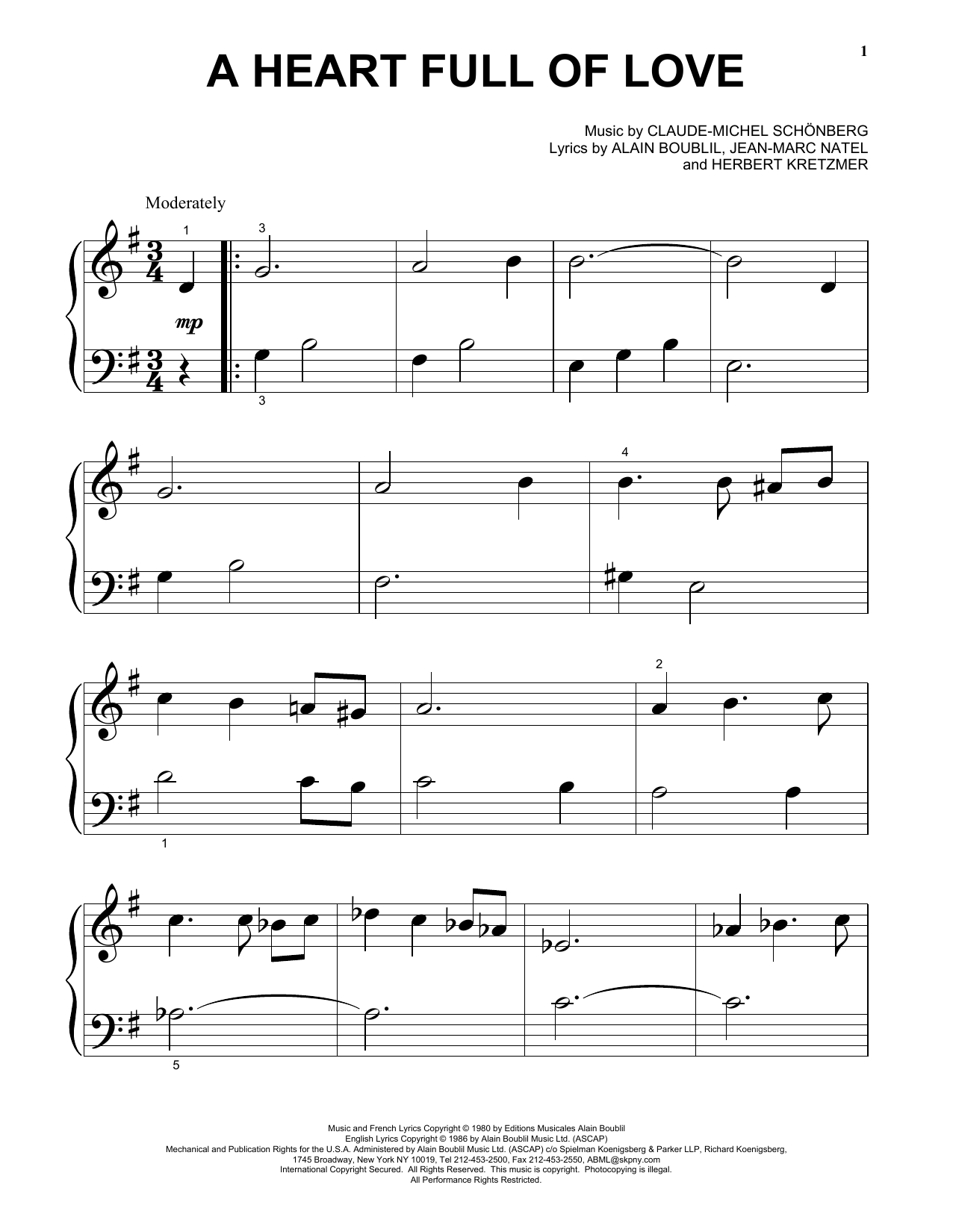 Download Boublil and Schonberg A Heart Full Of Love Sheet Music and learn how to play Easy Piano PDF digital score in minutes