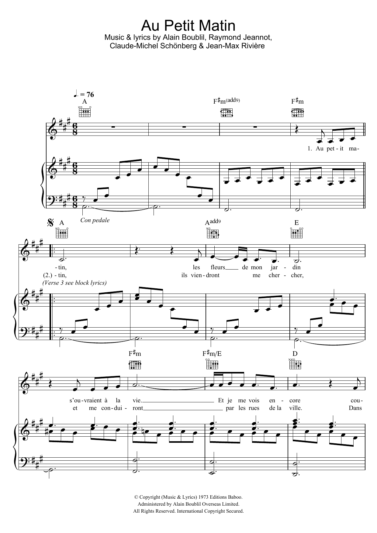 Download Boublil and Schonberg Au Petit Matin Sheet Music and learn how to play Piano, Vocal & Guitar PDF digital score in minutes