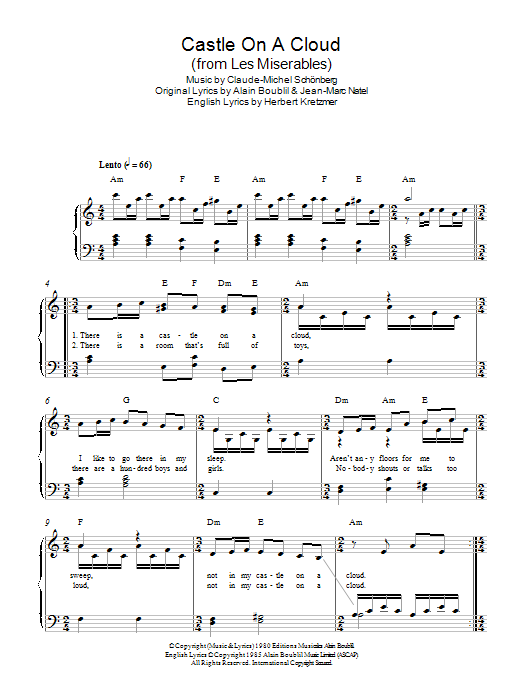 Download Boublil and Schonberg Castle On A Cloud (from Les Miserables) Sheet Music and learn how to play Easy Piano PDF digital score in minutes