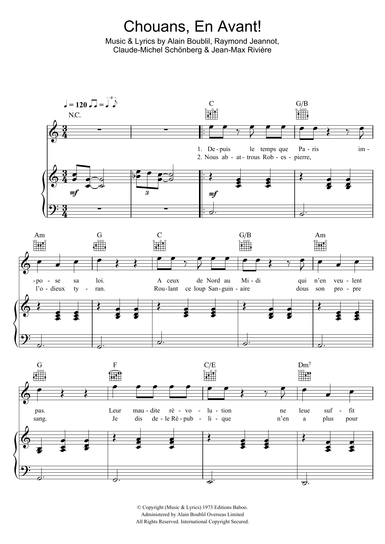 Download Boublil and Schonberg Chouans, En Avant Sheet Music and learn how to play Piano, Vocal & Guitar PDF digital score in minutes