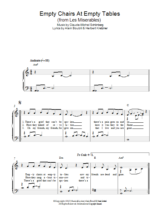 Download Claude-Michel Schonberg Empty Chairs At Empty Tables (from Les Miserables) Sheet Music and learn how to play Piano Chords/Lyrics PDF digital score in minutes