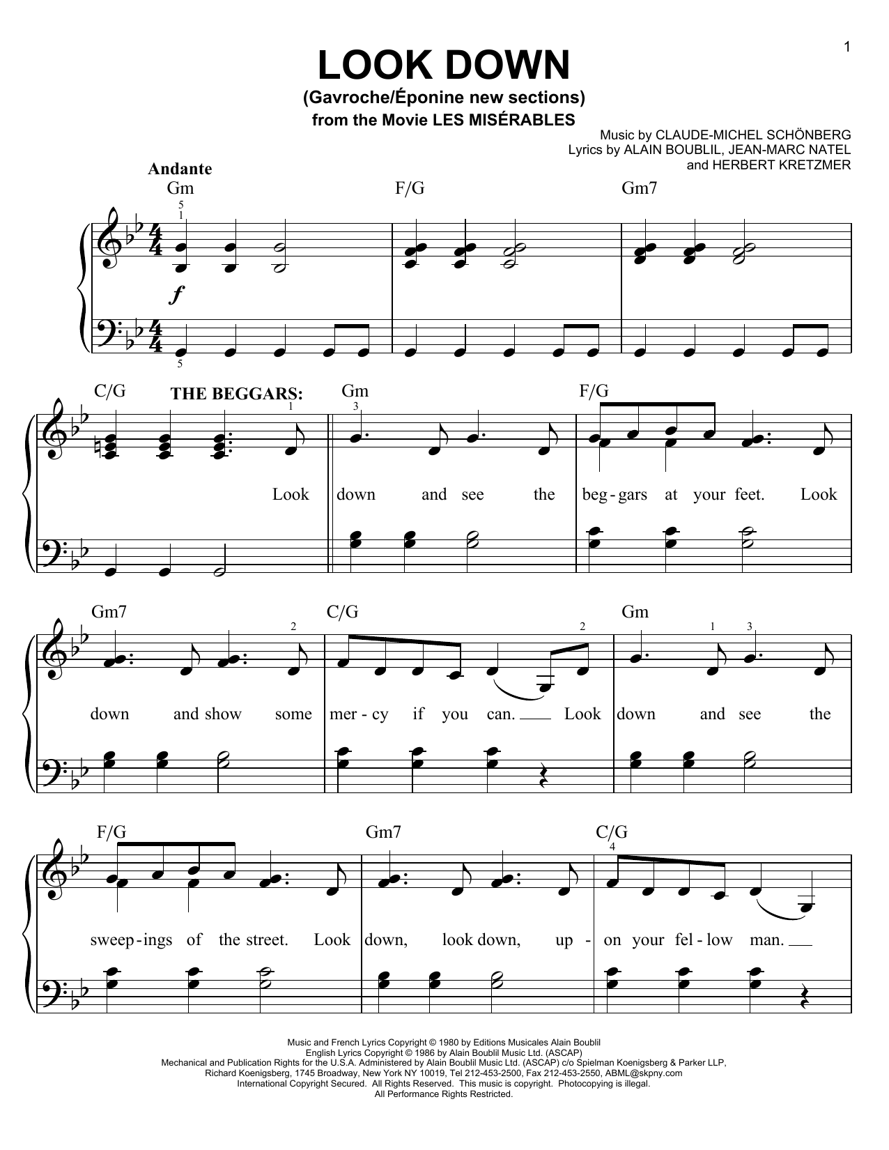Download Boublil and Schonberg Look Down (Gavroche) Sheet Music and learn how to play Easy Piano PDF digital score in minutes
