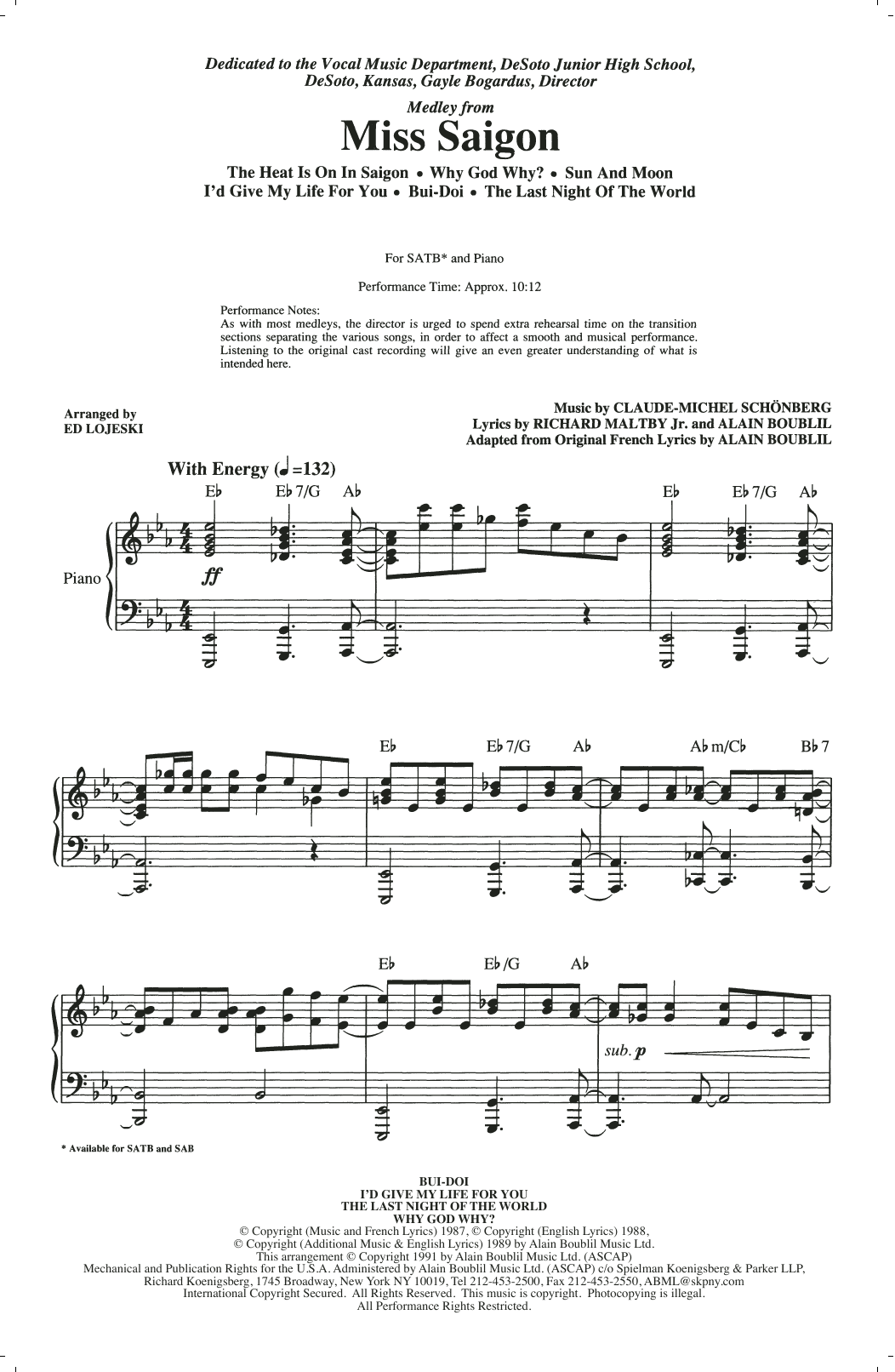 Download Claude-Michel Schonberg Miss Saigon (Medley) (arr. Ed Lojeski) Sheet Music and learn how to play SATB Choir PDF digital score in minutes
