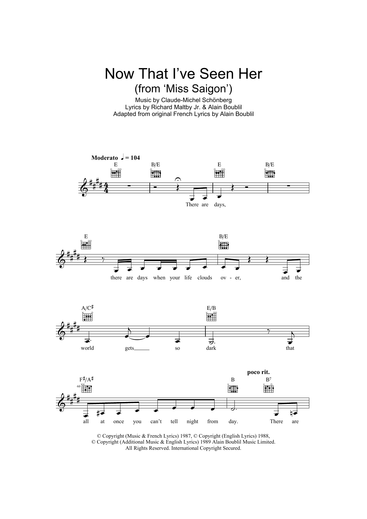 Download Boublil and Schonberg Now That I've Seen Her (from Miss Saigon) Sheet Music and learn how to play Melody Line, Lyrics & Chords PDF digital score in minutes