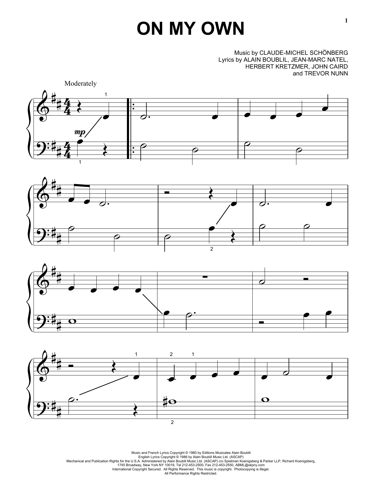 Download Boublil and Schonberg On My Own Sheet Music and learn how to play Piano (Big Notes) PDF digital score in minutes