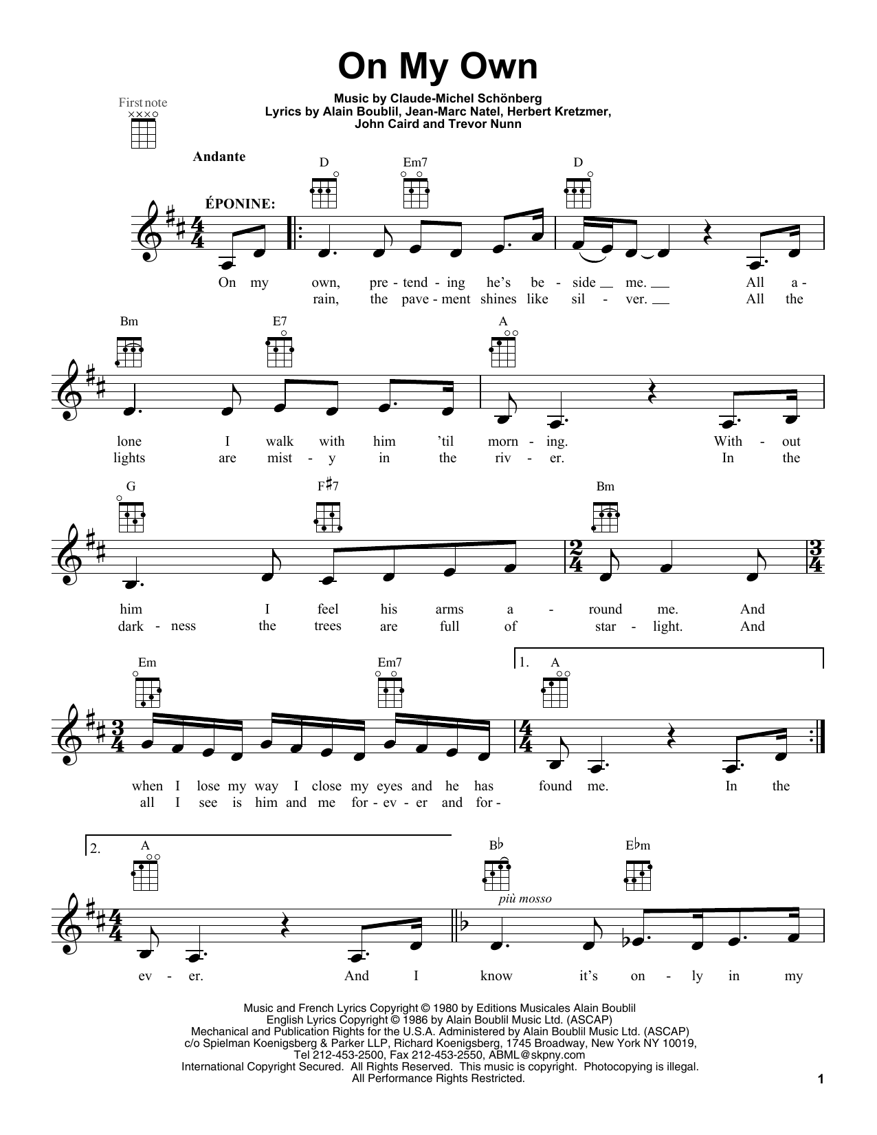 Download Boublil and Schonberg On My Own Sheet Music and learn how to play Ukulele PDF digital score in minutes