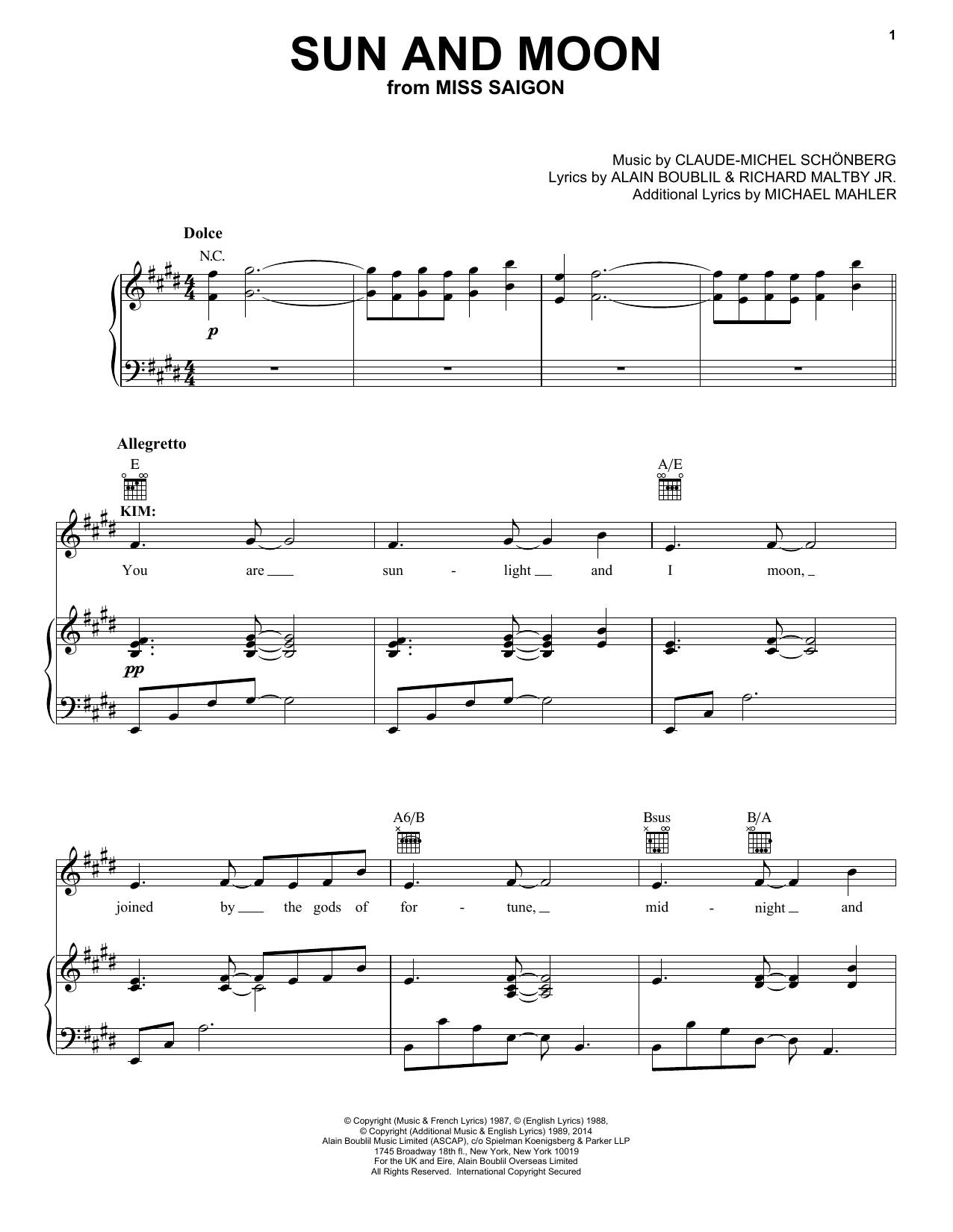 Download Boublil and Schonberg Sun And Moon Sheet Music and learn how to play Piano, Vocal & Guitar (Right-Hand Melody) PDF digital score in minutes