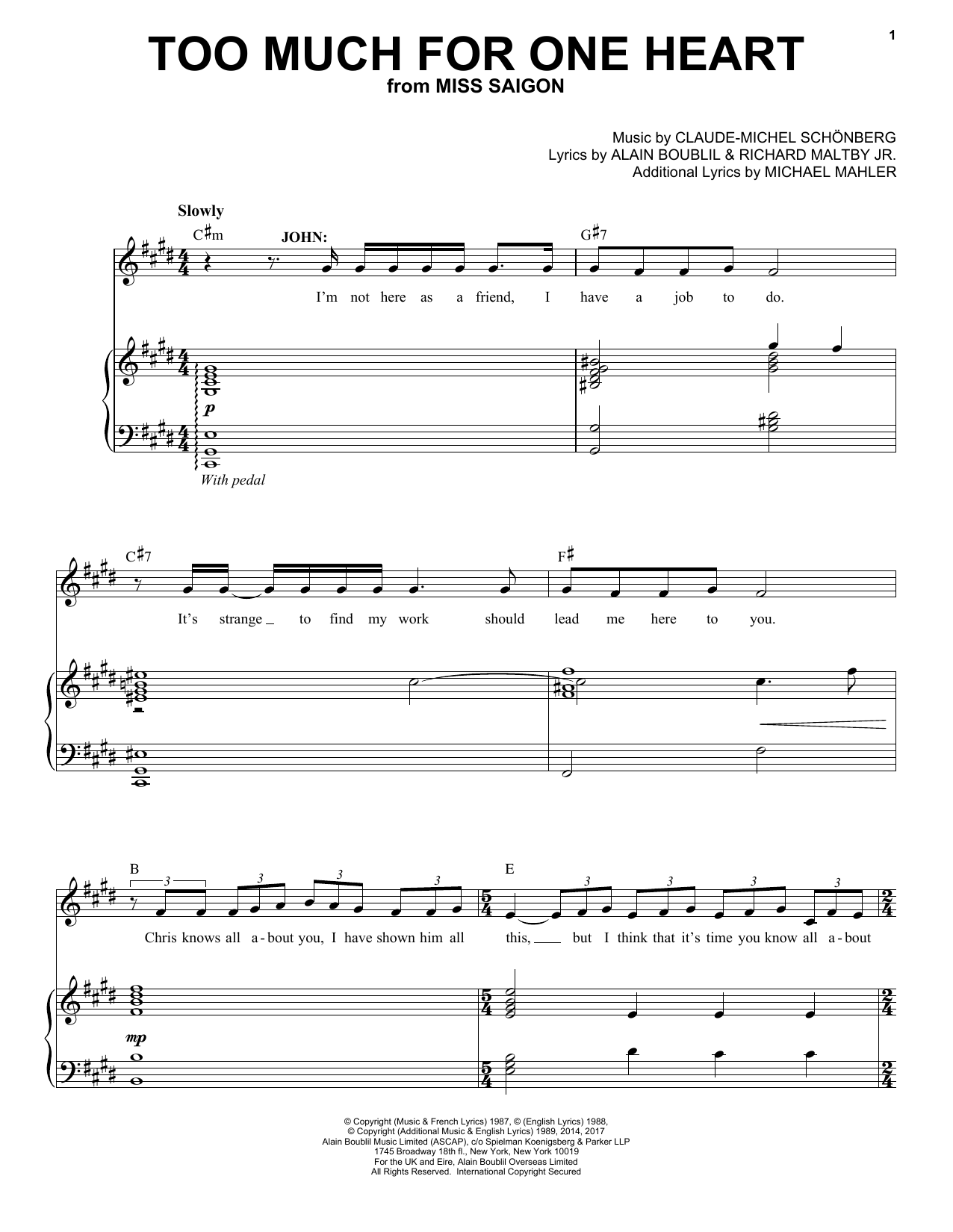 Download Claude-Michel Schonberg Too Much For One Heart Sheet Music and learn how to play Piano & Vocal PDF digital score in minutes