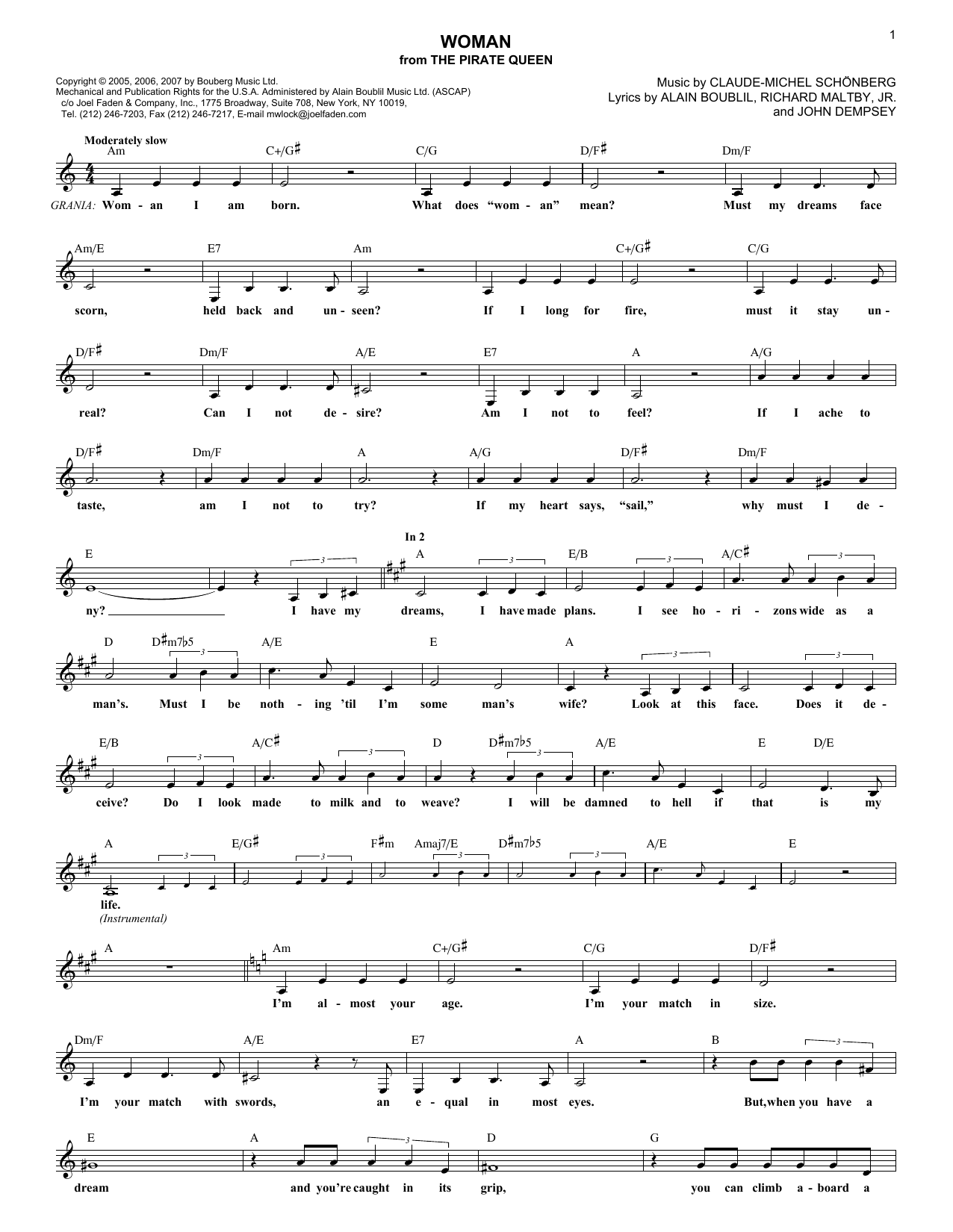 Download Claude-Michel Schonberg Woman Sheet Music and learn how to play Melody Line, Lyrics & Chords PDF digital score in minutes