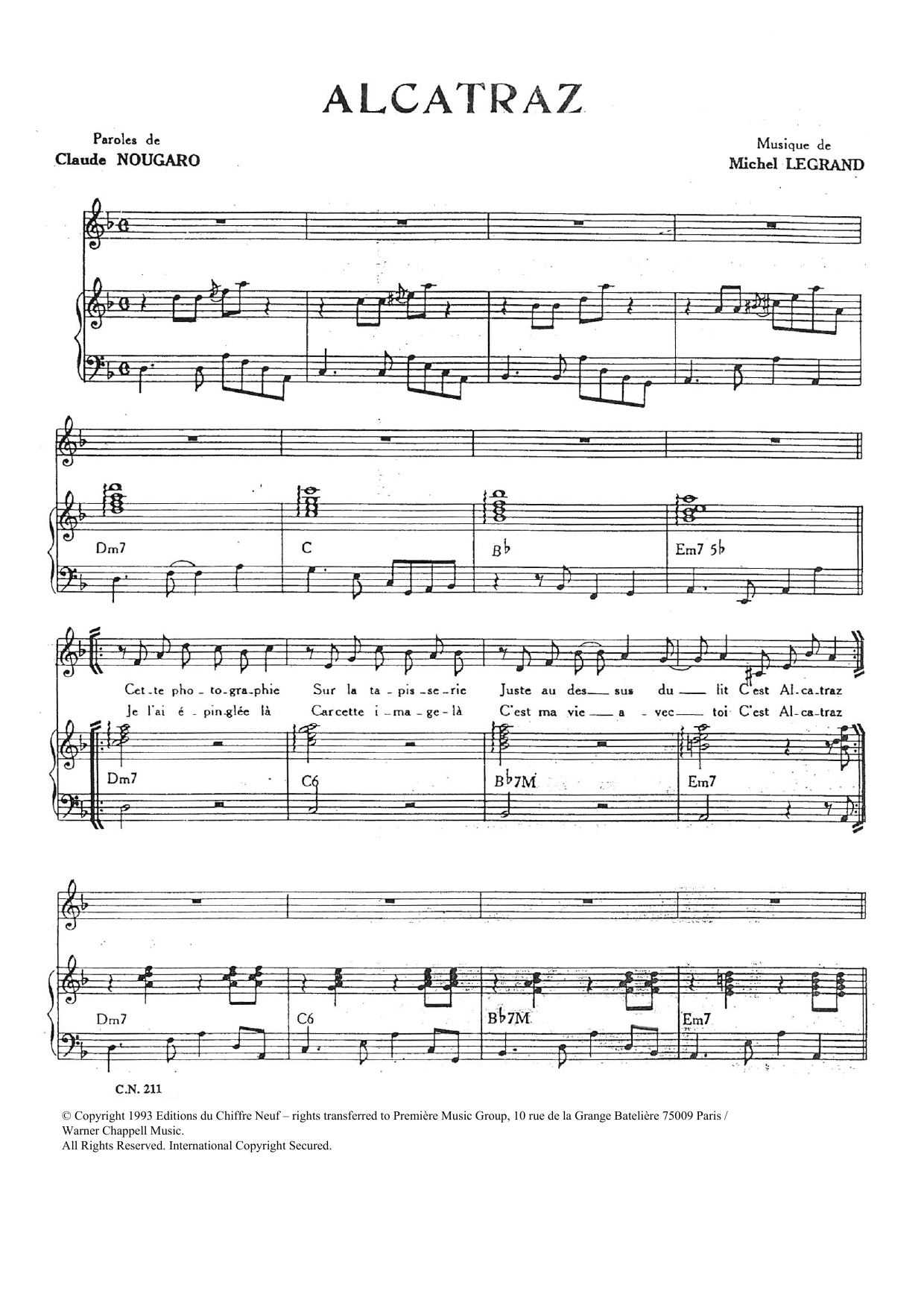 Download Claude Nougaro Alcatraz Sheet Music and learn how to play Piano & Vocal PDF digital score in minutes
