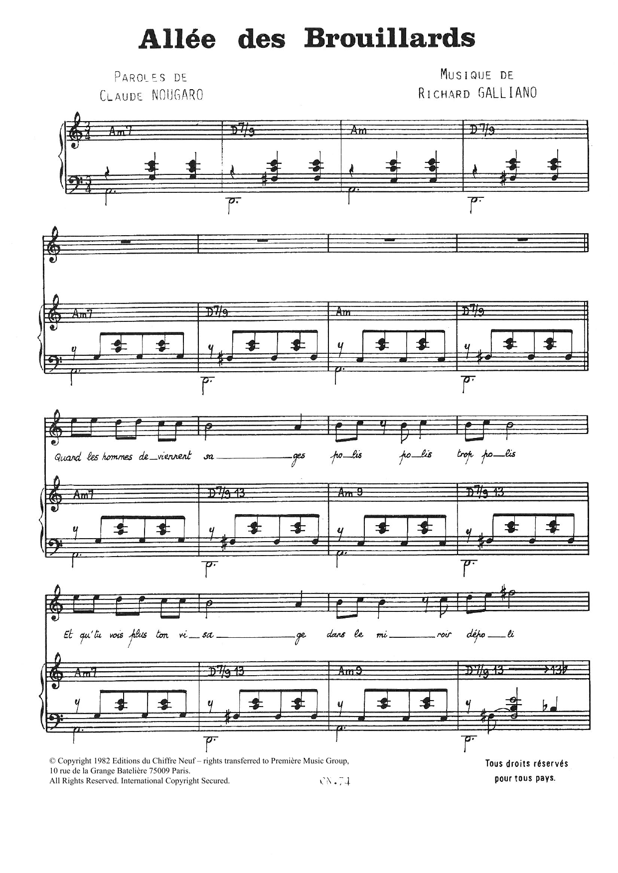 Download Claude Nougaro Allee Des Brouillards Sheet Music and learn how to play Piano & Vocal PDF digital score in minutes