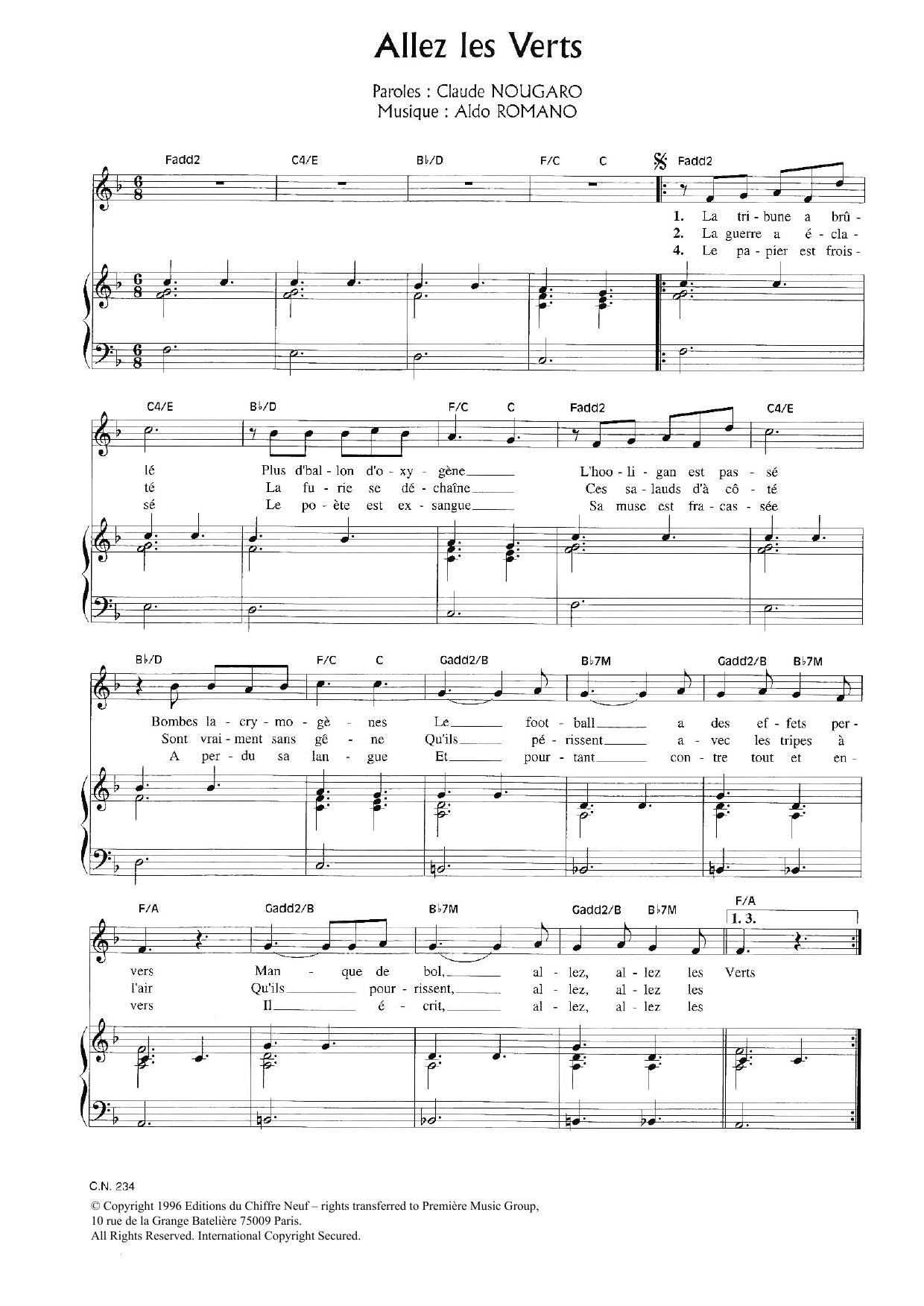 Download Claude Nougaro Allez Les Verts Sheet Music and learn how to play Piano & Vocal PDF digital score in minutes
