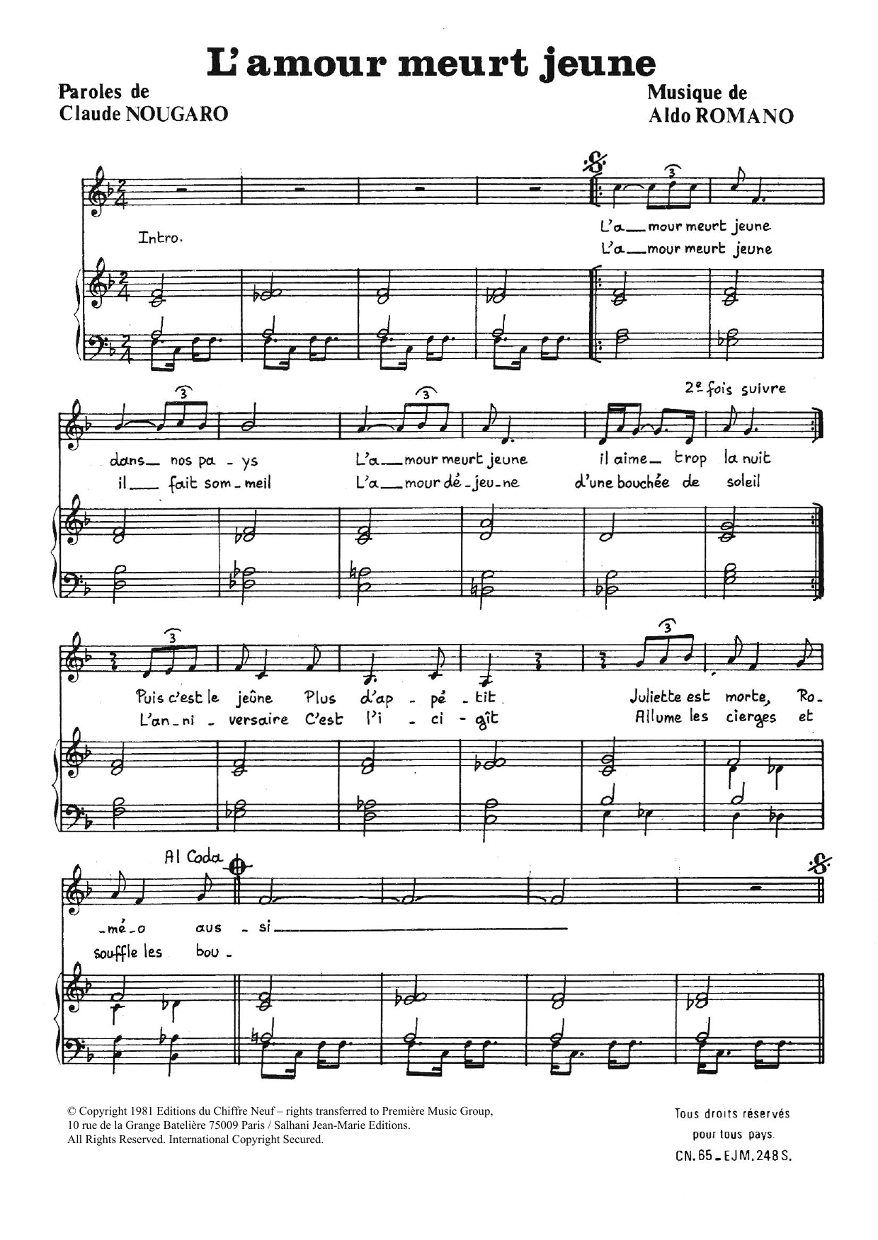 Download Claude Nougaro Amour Meurt Jeune Sheet Music and learn how to play Piano & Vocal PDF digital score in minutes