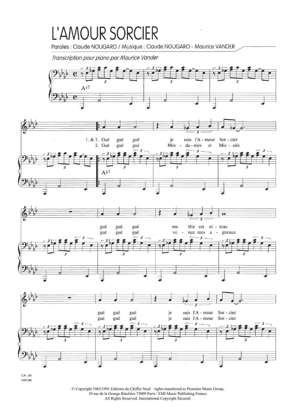 Download Claude Nougaro Amour Sorcier Sheet Music and learn how to play Piano & Vocal PDF digital score in minutes
