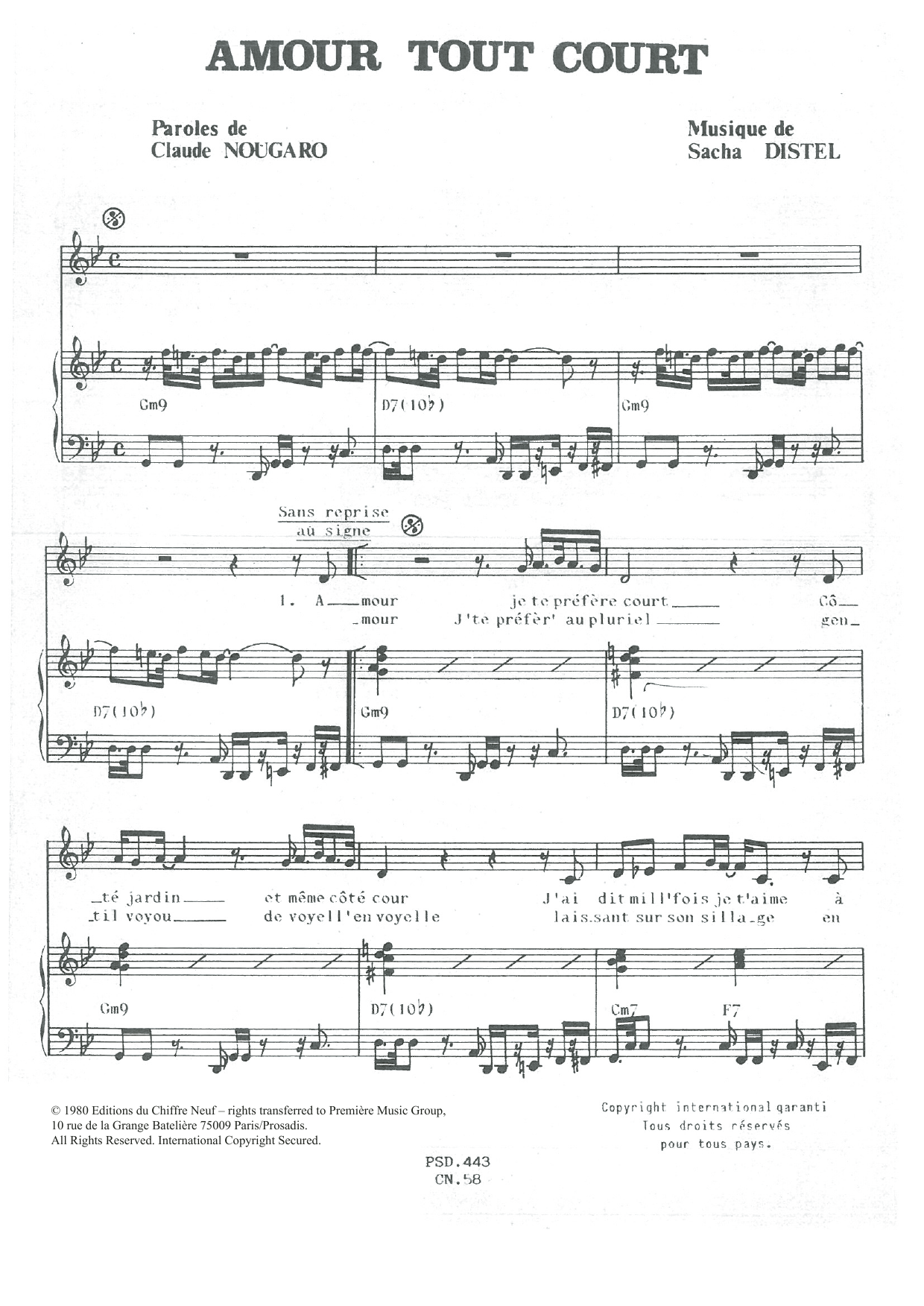 Download Claude Nougaro Amour Tout Court Sheet Music and learn how to play Piano & Vocal PDF digital score in minutes