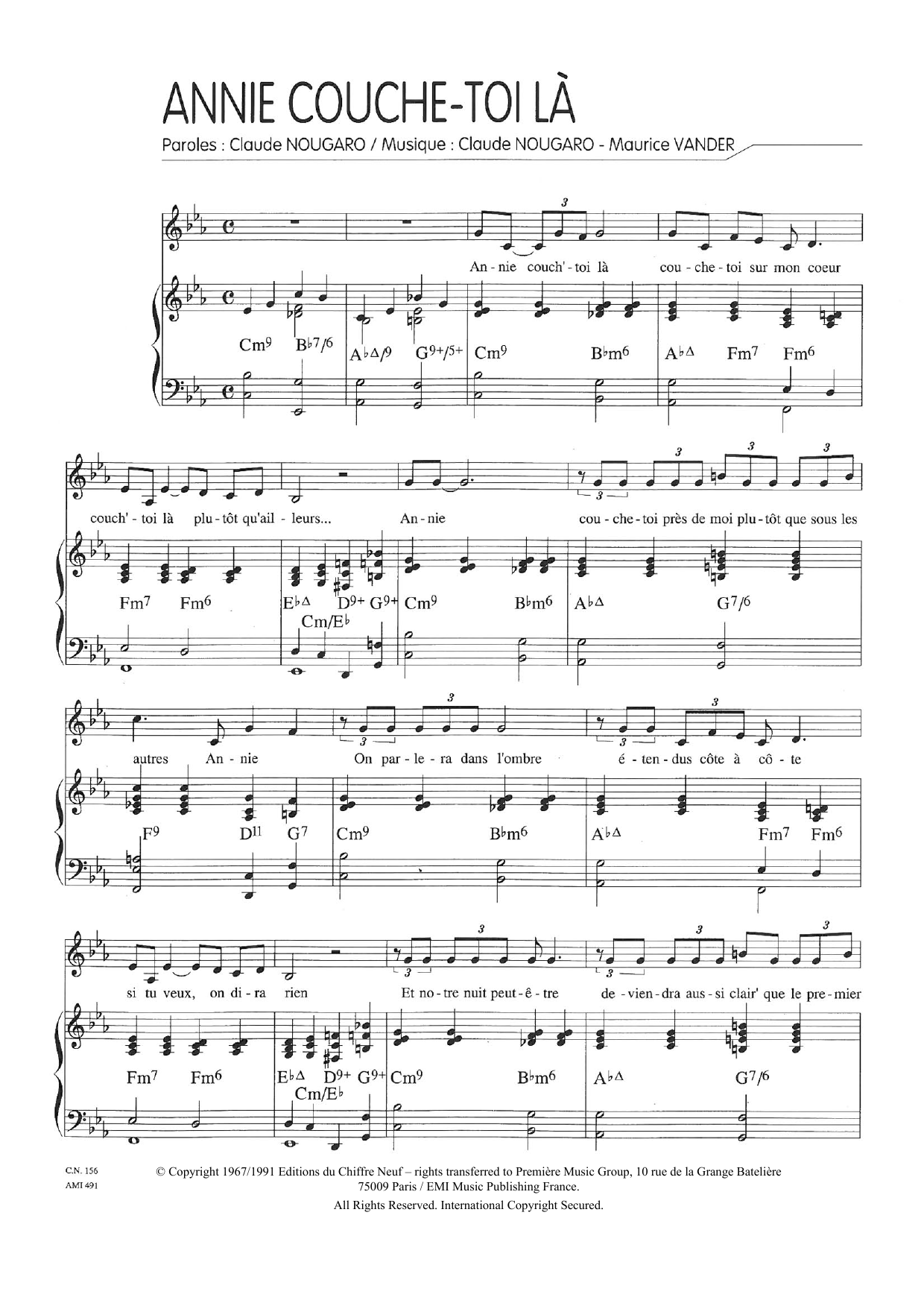 Download Claude Nougaro Annie Couche-Toi La Sheet Music and learn how to play Piano & Vocal PDF digital score in minutes