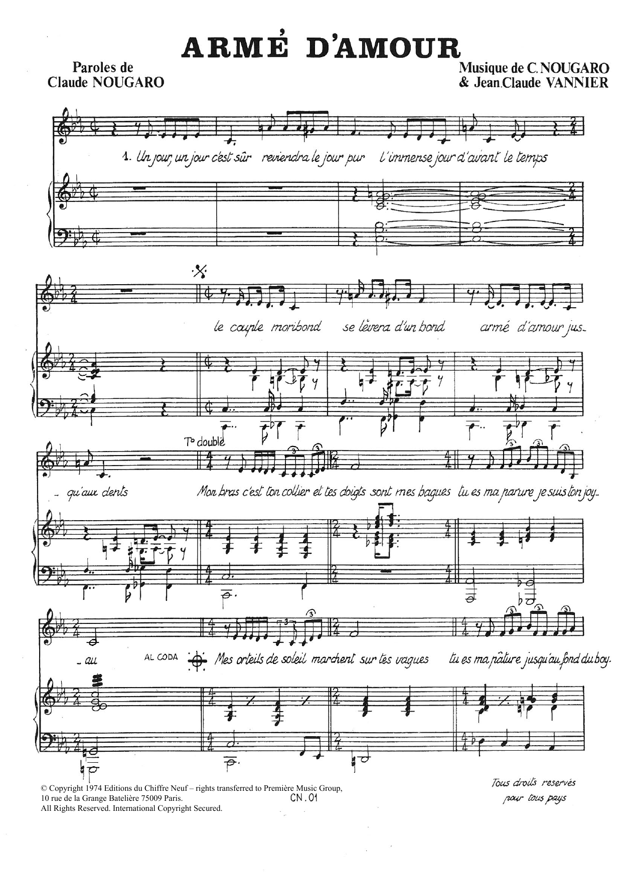 Download Claude Nougaro Arme D'amour Sheet Music and learn how to play Piano & Vocal PDF digital score in minutes