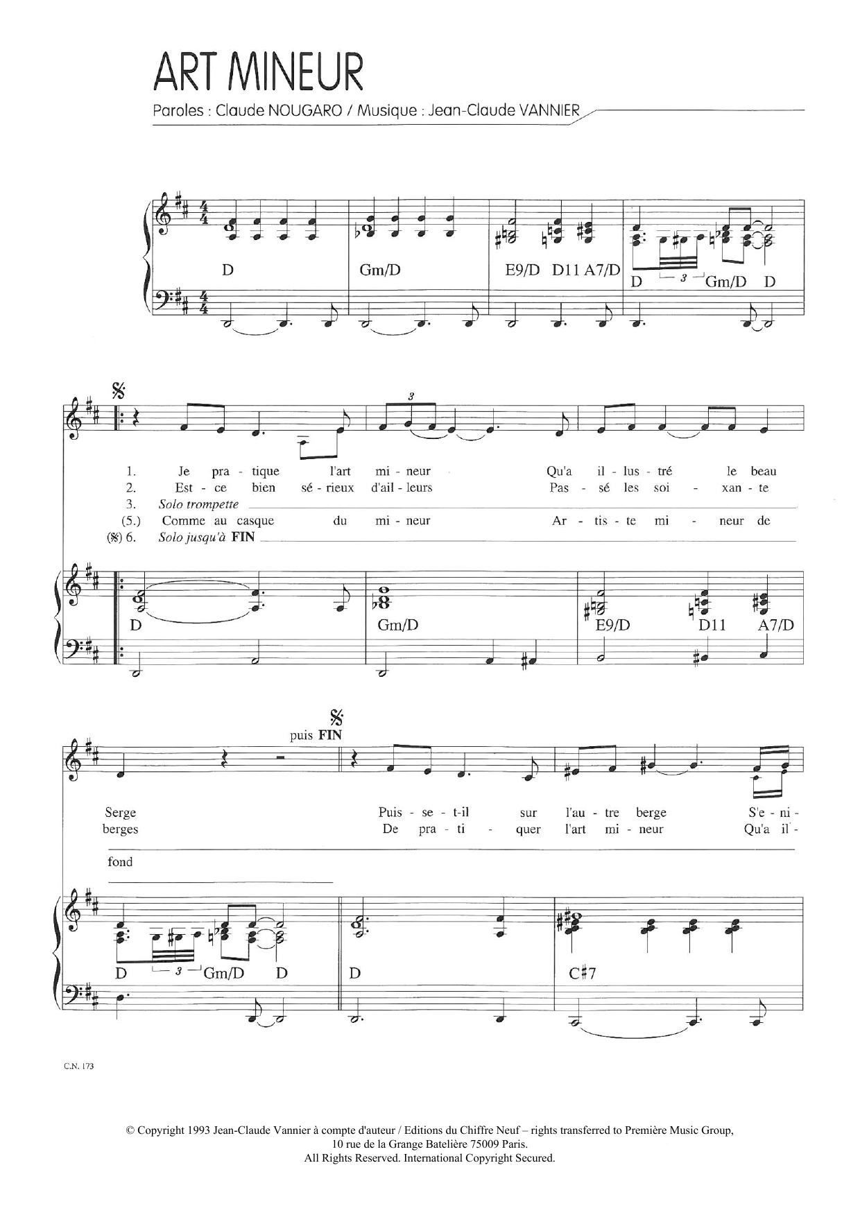 Download Claude Nougaro Art Mineur Sheet Music and learn how to play Piano & Vocal PDF digital score in minutes