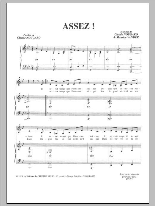 Download Claude Nougaro Assez Sheet Music and learn how to play Piano & Vocal PDF digital score in minutes