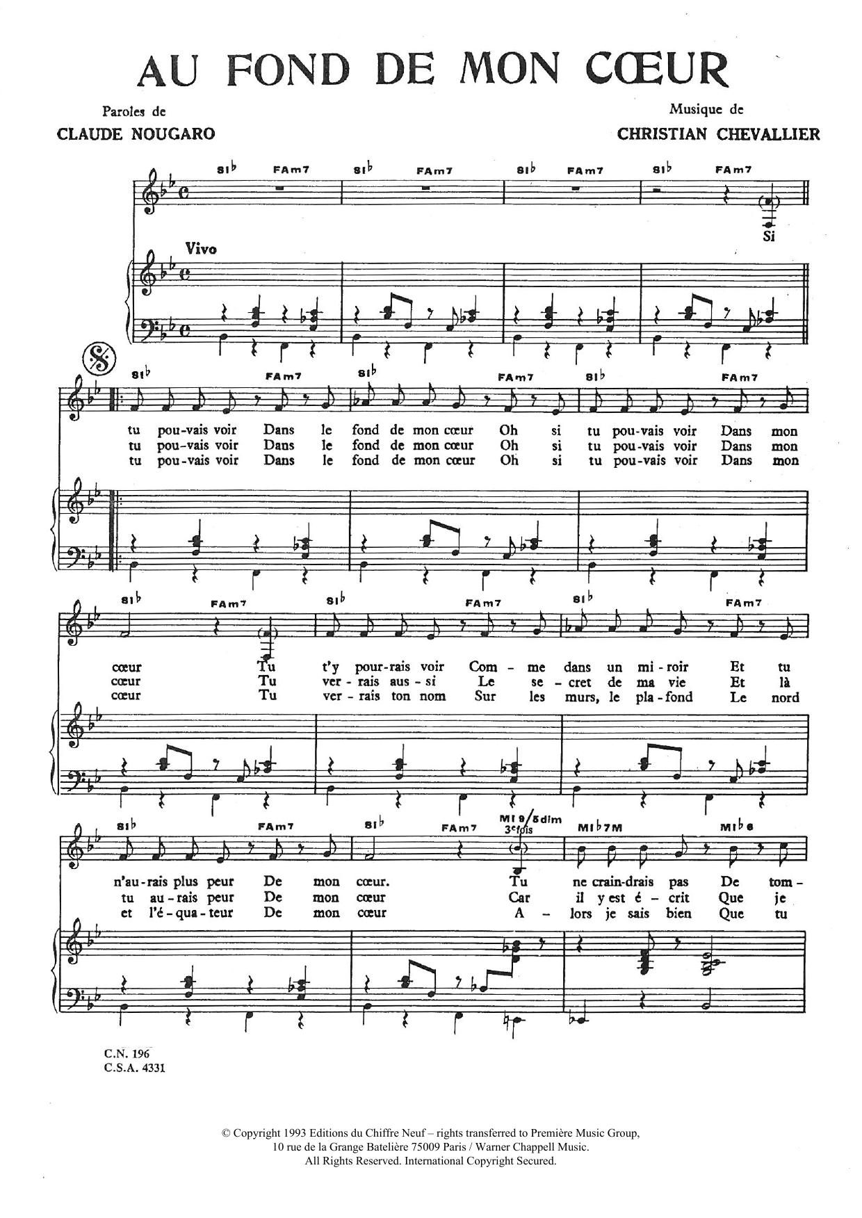 Download Claude Nougaro Au Fond De Mon Coeur Sheet Music and learn how to play Piano & Vocal PDF digital score in minutes