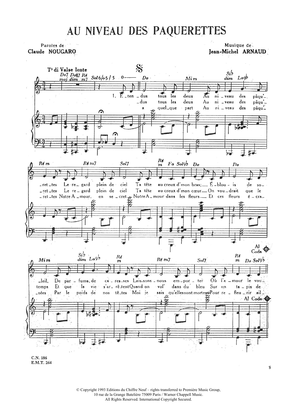 Download Claude Nougaro Au Niveau Des Paquerettes Sheet Music and learn how to play Piano & Vocal PDF digital score in minutes