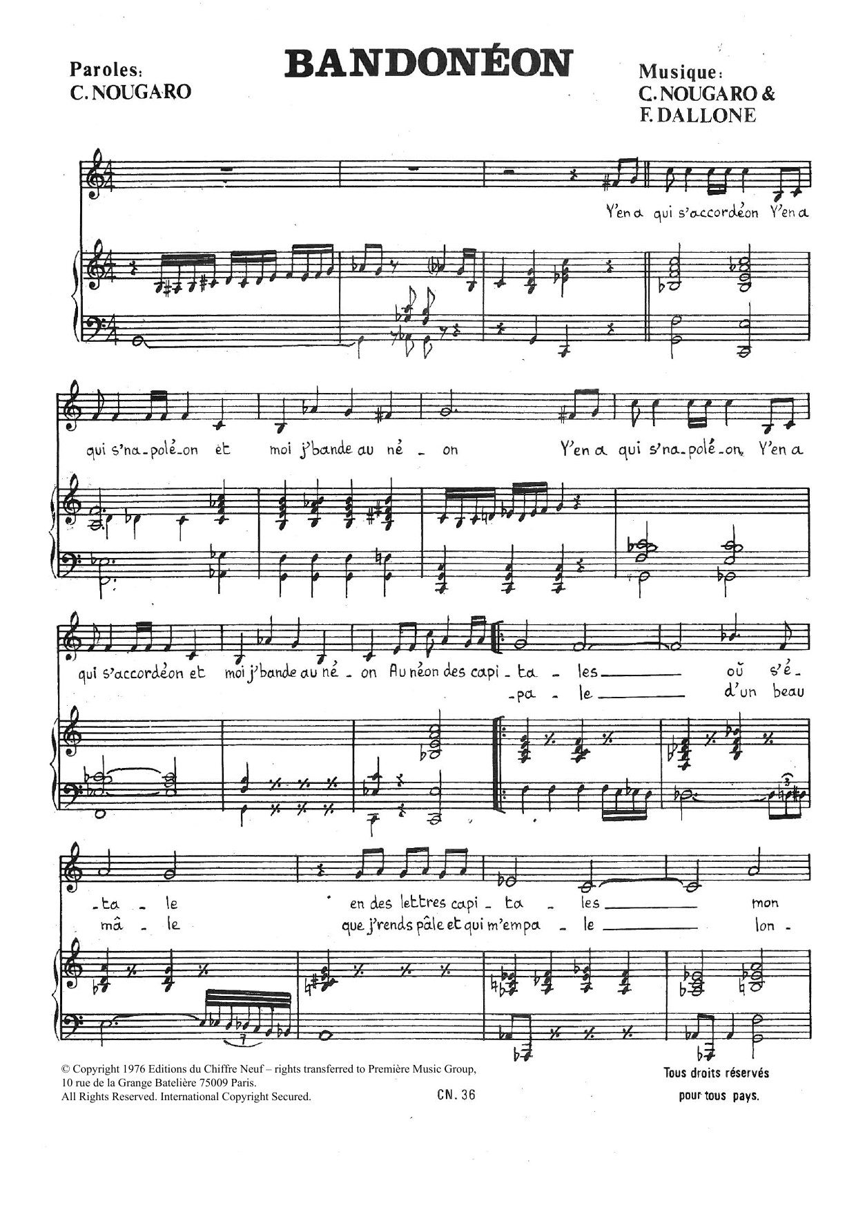 Download Claude Nougaro Bandoneon Sheet Music and learn how to play Piano & Vocal PDF digital score in minutes
