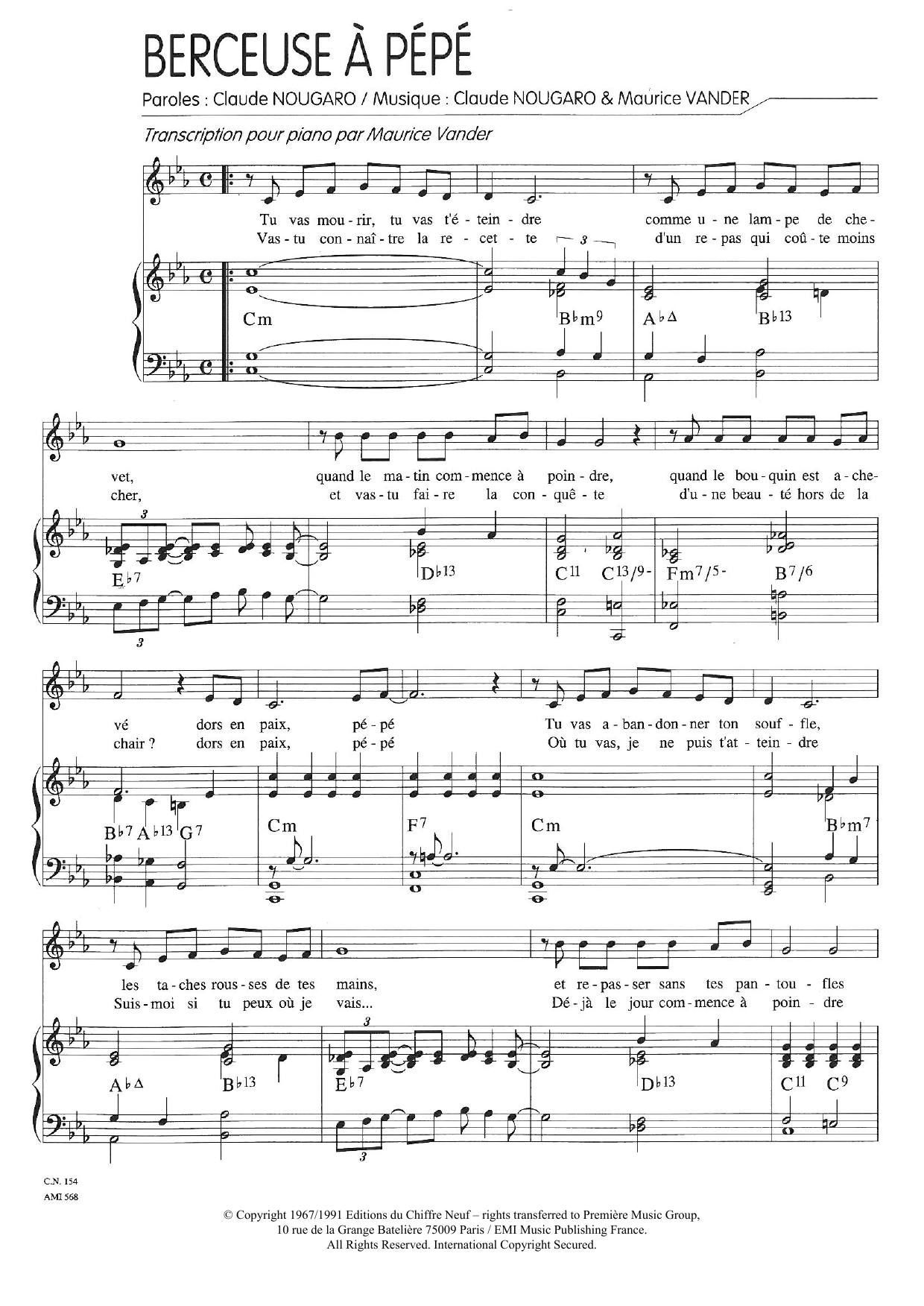 Download Claude Nougaro Berceuse A Pepe Sheet Music and learn how to play Piano & Vocal PDF digital score in minutes