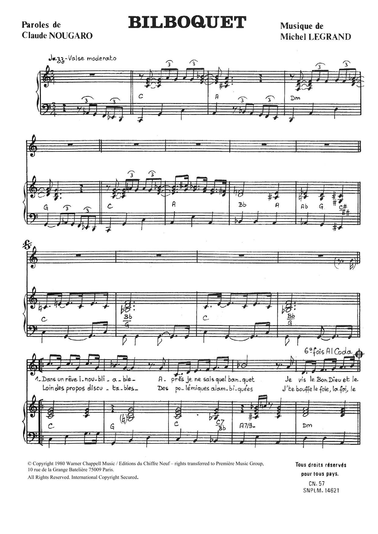Download Claude Nougaro Bilboquet Sheet Music and learn how to play Piano & Vocal PDF digital score in minutes