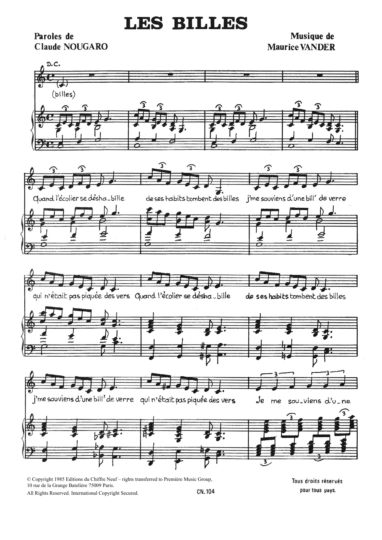 Download Claude Nougaro Billes Sheet Music and learn how to play Piano & Vocal PDF digital score in minutes