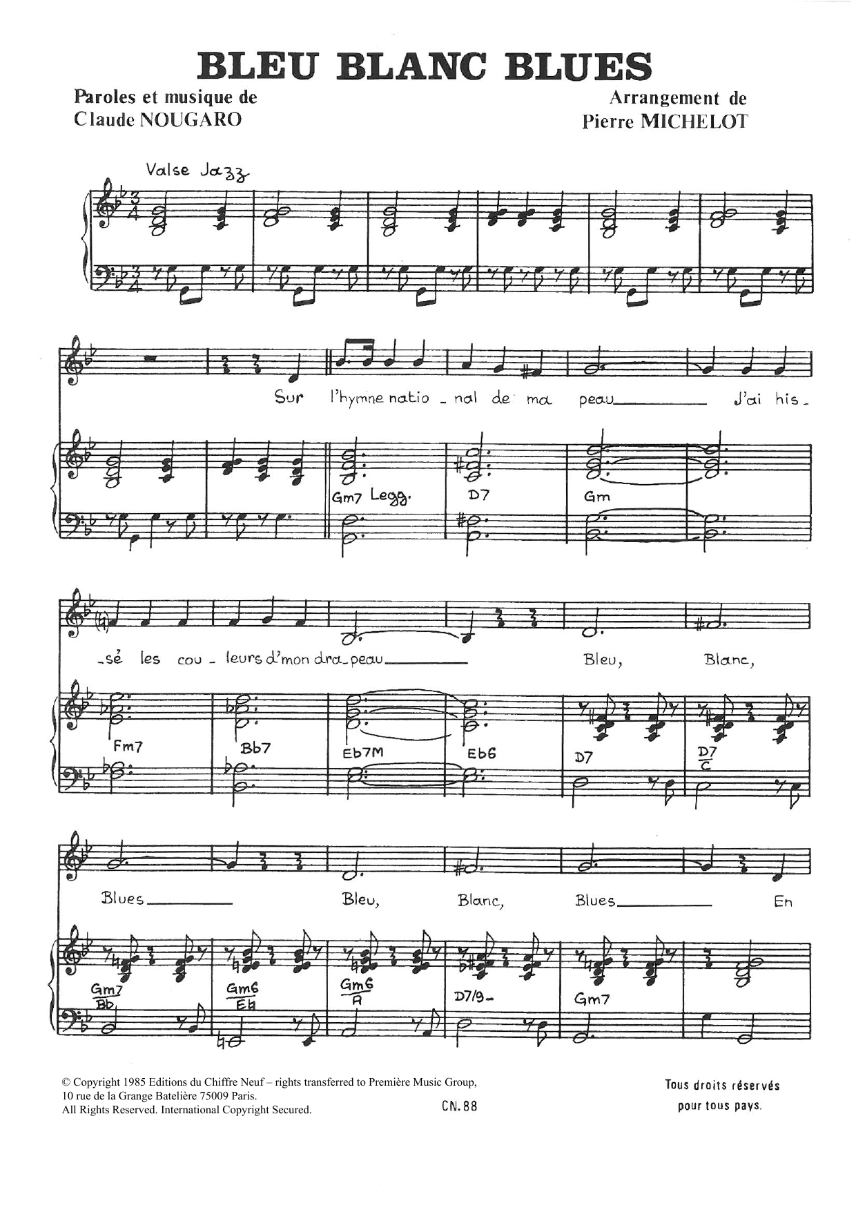 Download Claude Nougaro Bleu Blanc Blues Sheet Music and learn how to play Piano & Vocal PDF digital score in minutes