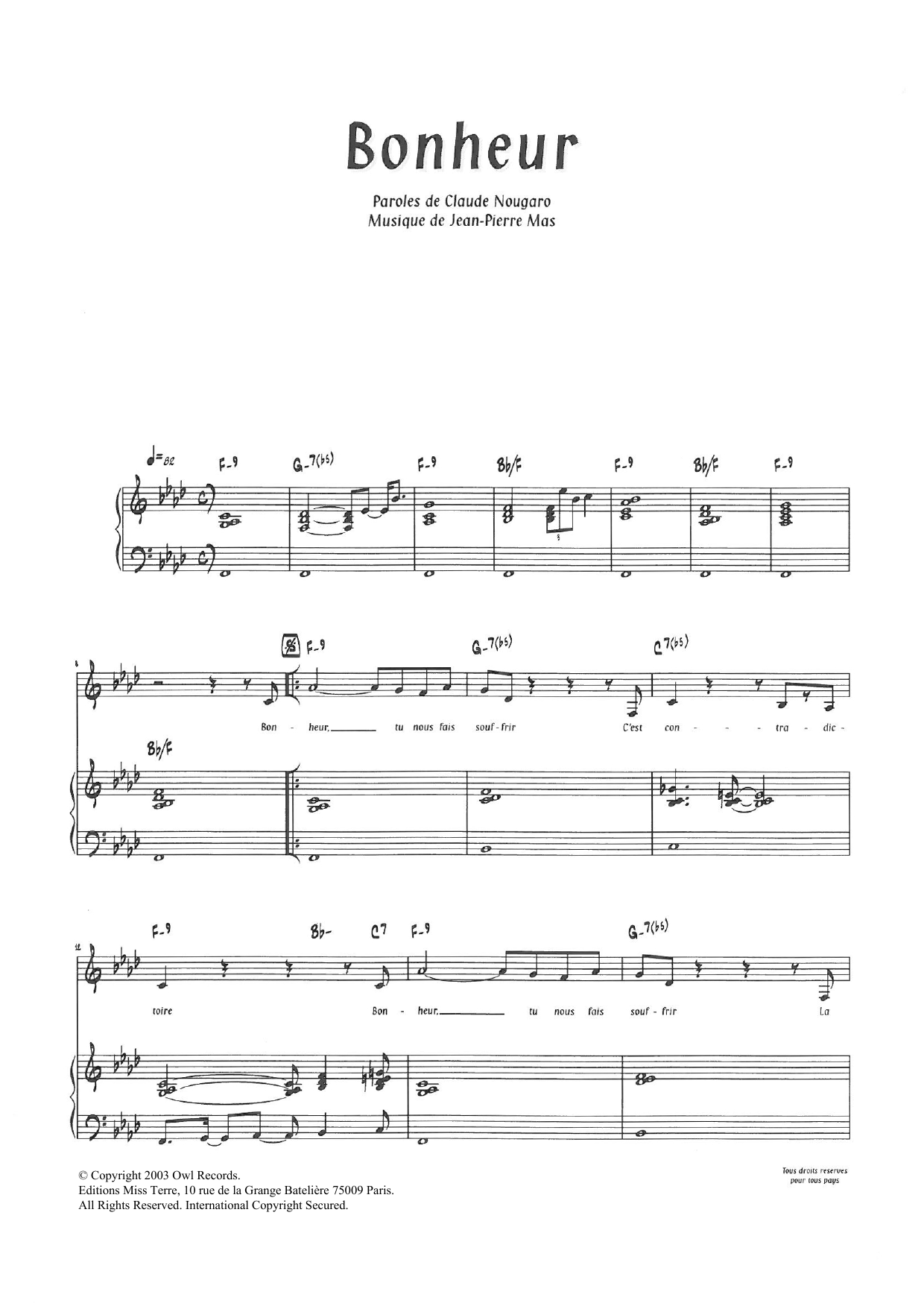 Download Claude Nougaro Bonheur Sheet Music and learn how to play Piano & Vocal PDF digital score in minutes