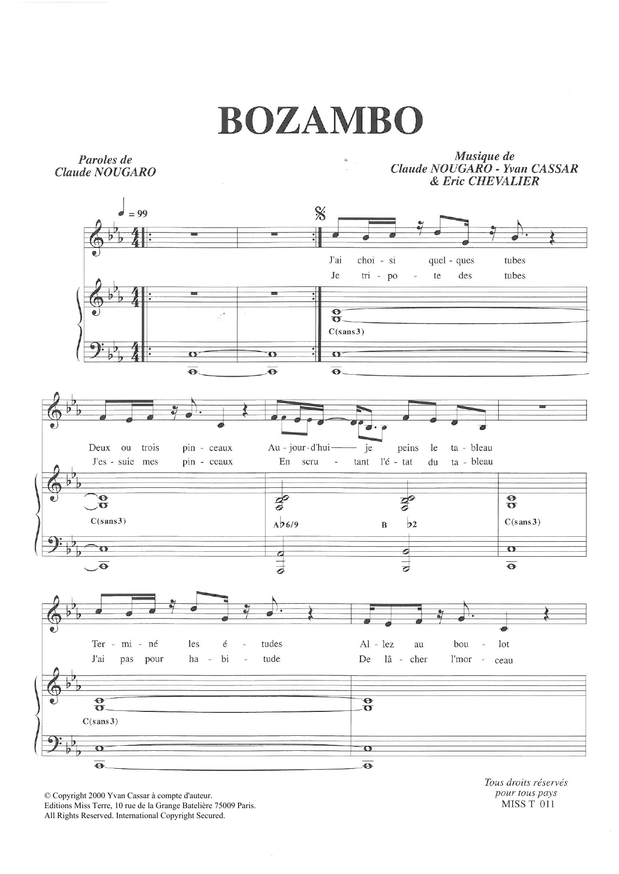 Download Claude Nougaro Bozambo Sheet Music and learn how to play Piano & Vocal PDF digital score in minutes