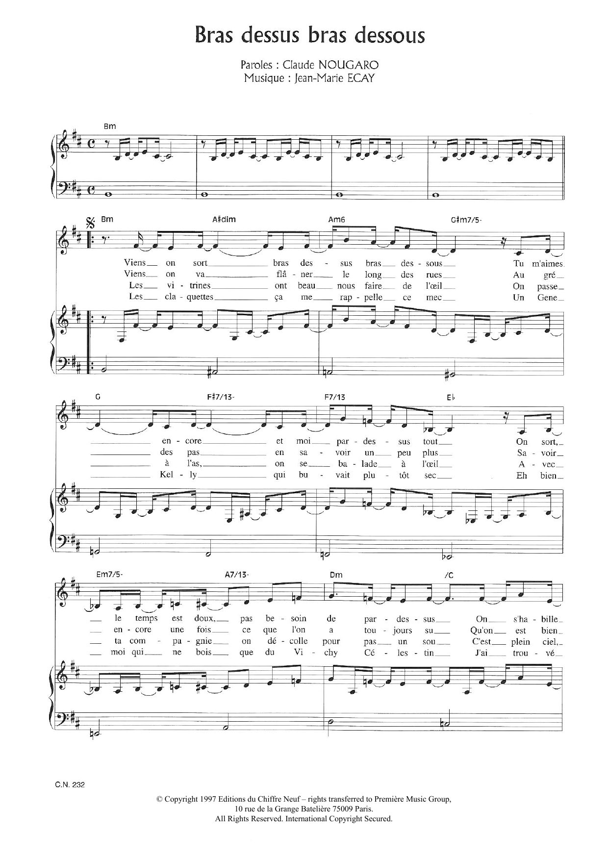 Download Claude Nougaro Bras Dessus Bras Dessous Sheet Music and learn how to play Piano & Vocal PDF digital score in minutes