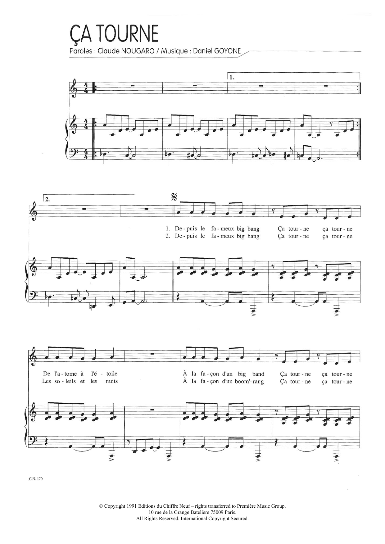 Download Claude Nougaro Ca Tourne Sheet Music and learn how to play Piano & Vocal PDF digital score in minutes