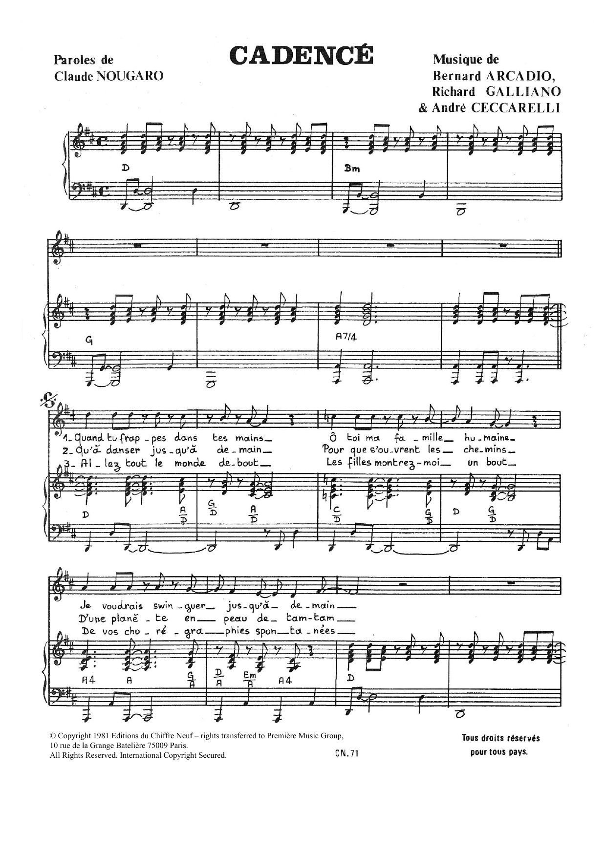 Download Claude Nougaro Cadence Sheet Music and learn how to play Piano & Vocal PDF digital score in minutes