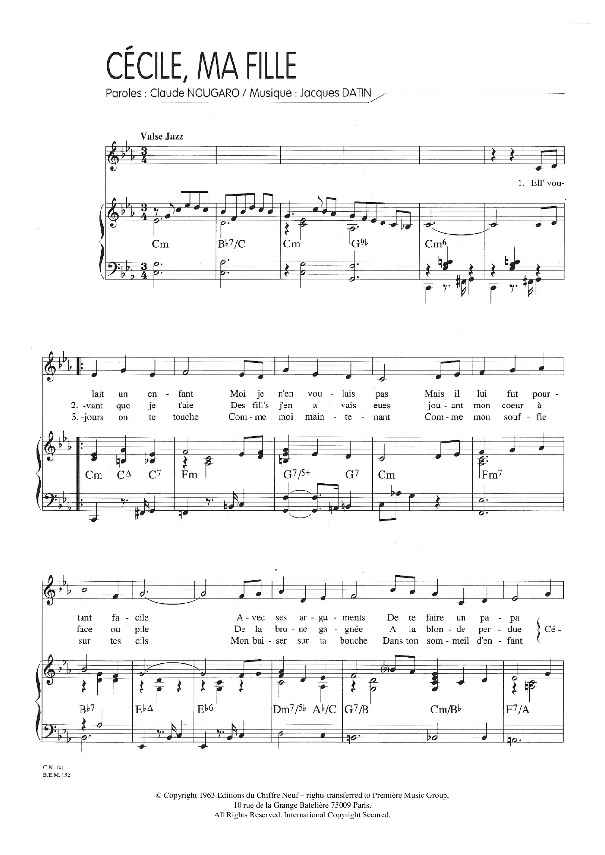 Download Claude Nougaro Cecile Ma Fille Sheet Music and learn how to play Piano & Vocal PDF digital score in minutes