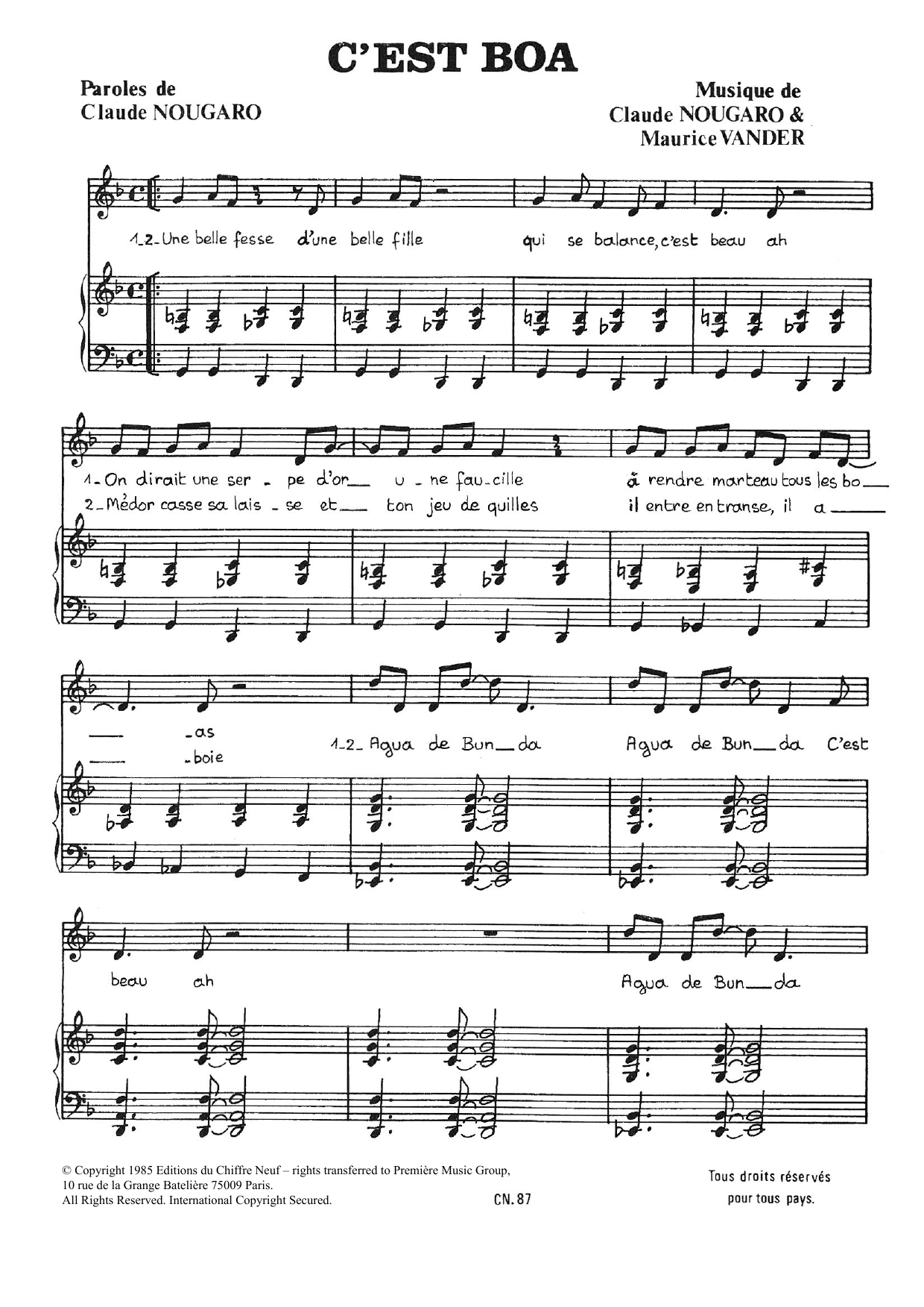 Download Claude Nougaro C'est Boa Sheet Music and learn how to play Piano & Vocal PDF digital score in minutes