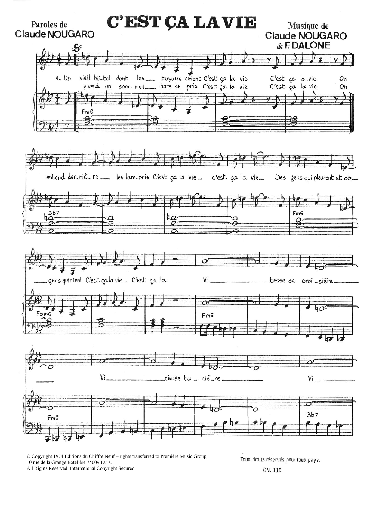 Download Claude Nougaro C'est Ca La Vie Sheet Music and learn how to play Piano & Vocal PDF digital score in minutes