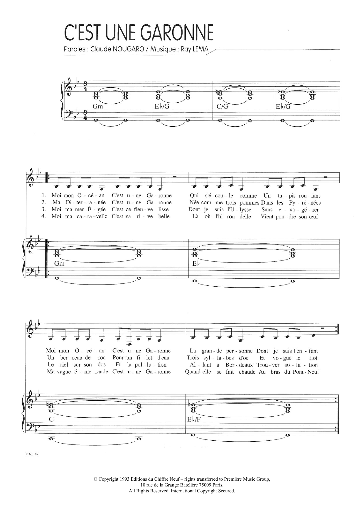 Download Claude Nougaro C'est Une Garonne Sheet Music and learn how to play Piano & Vocal PDF digital score in minutes