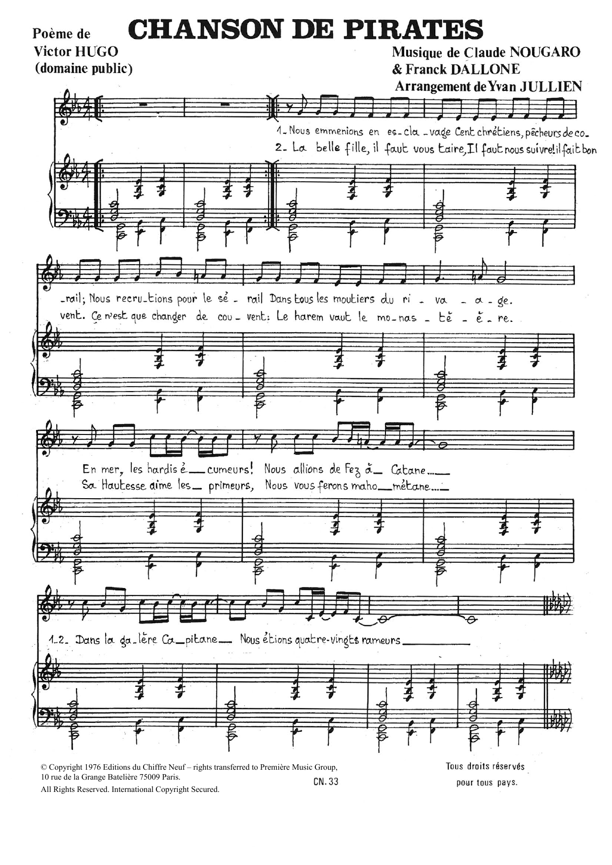 Download Claude Nougaro Chanson De Pirates Sheet Music and learn how to play Piano & Vocal PDF digital score in minutes