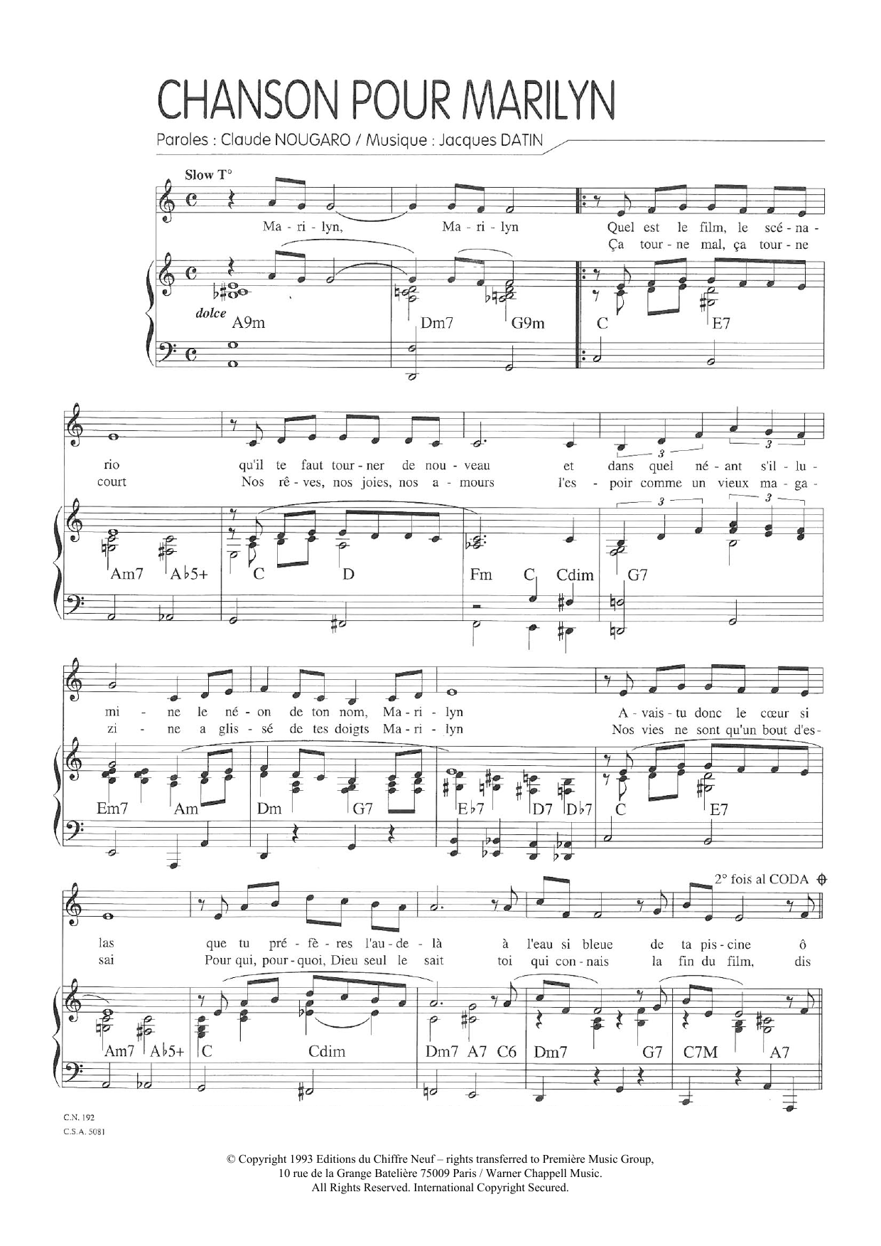 Download Claude Nougaro Chanson Pour Marilyn Sheet Music and learn how to play Piano & Vocal PDF digital score in minutes