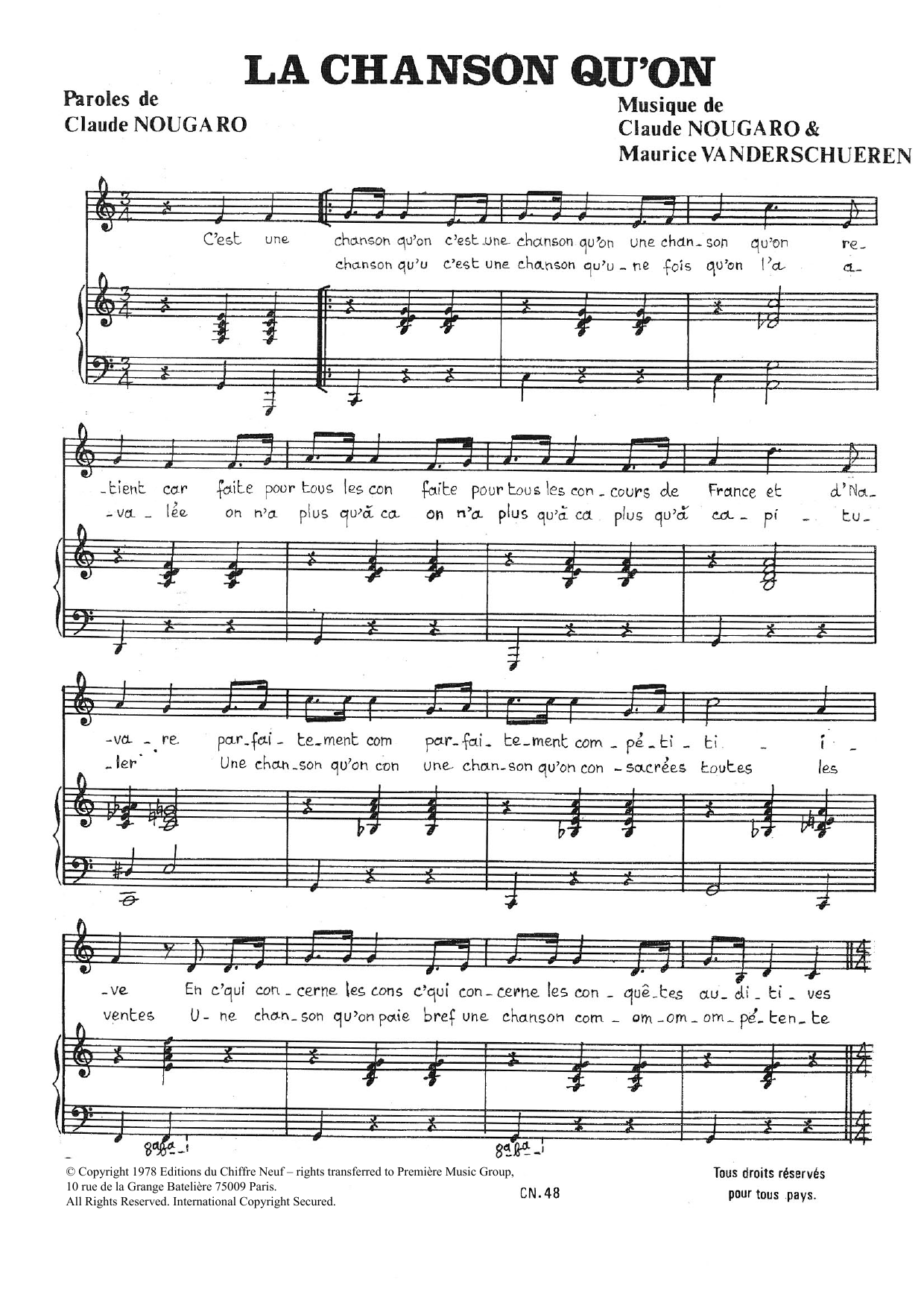 Download Claude Nougaro Chanson Qu'on Sheet Music and learn how to play Piano & Vocal PDF digital score in minutes