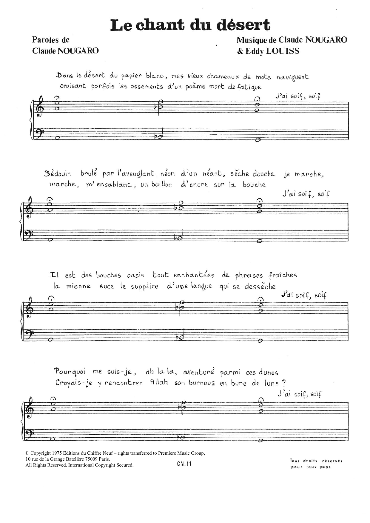 Download Claude Nougaro Chant Du Desert Sheet Music and learn how to play Piano & Vocal PDF digital score in minutes