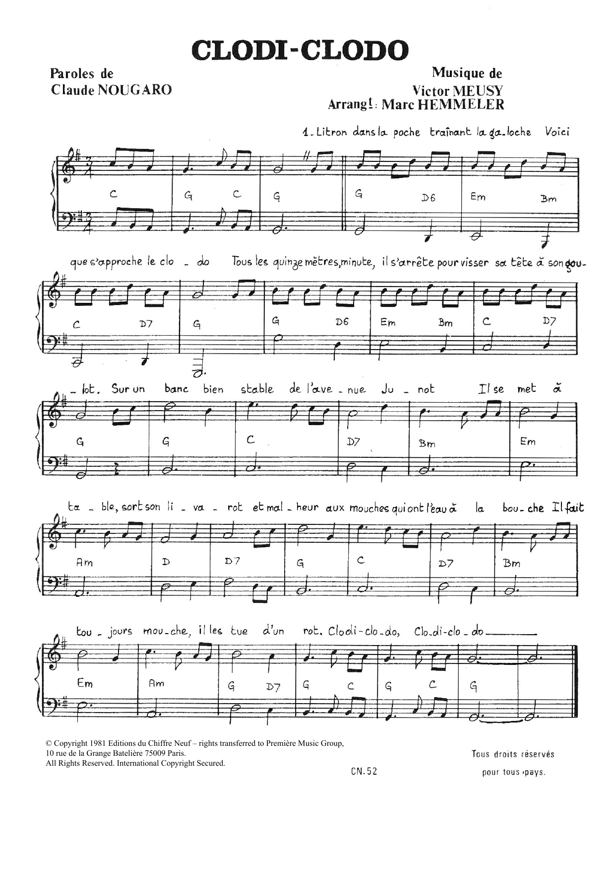 Download Claude Nougaro Clodi Clodo Sheet Music and learn how to play Piano & Vocal PDF digital score in minutes